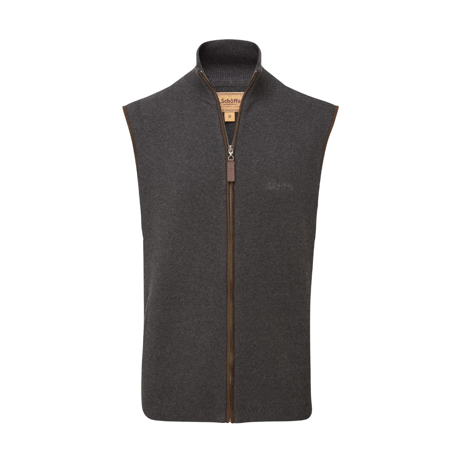 Dark gray vest with a brown zipper on a white background
