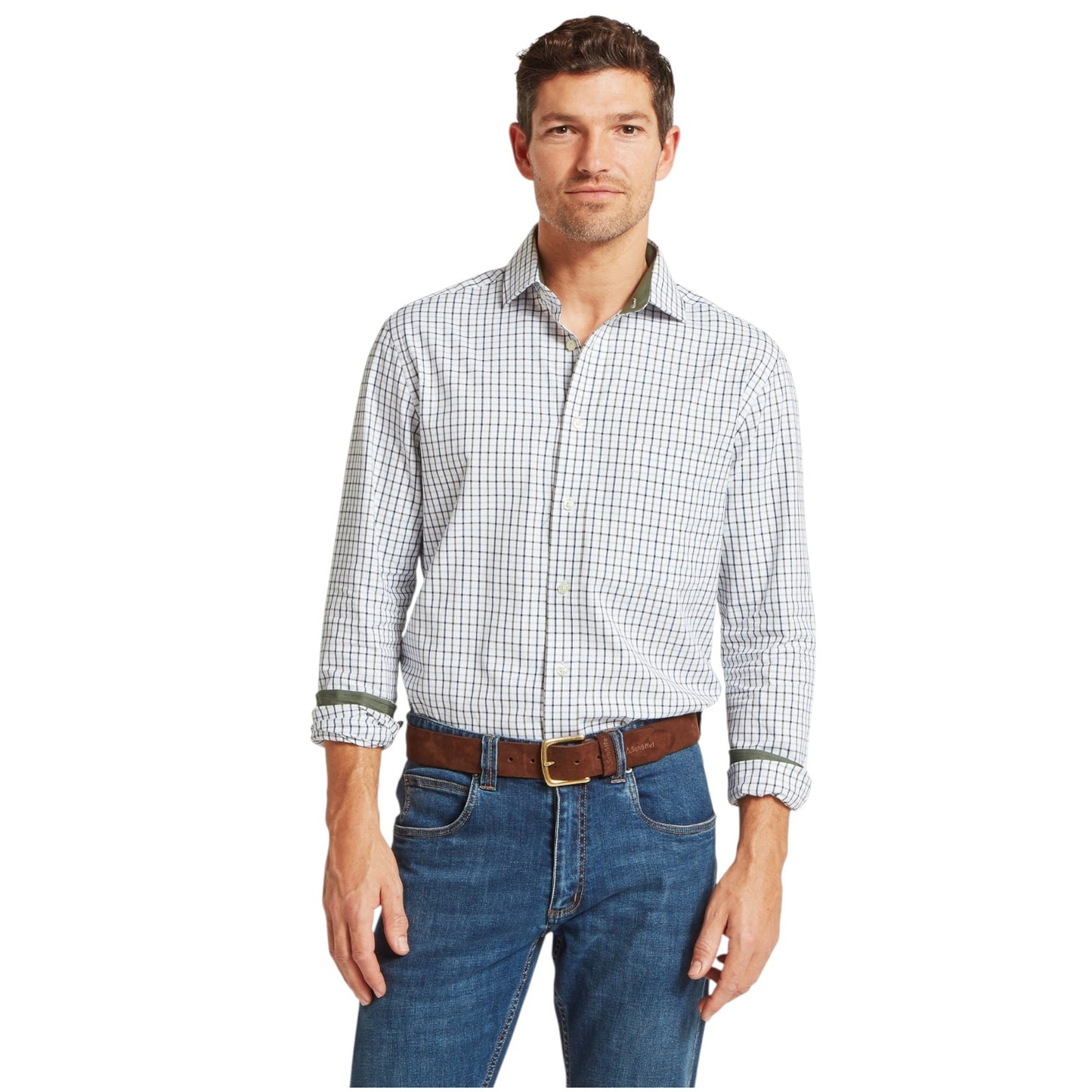 Man wearing a checkered shirt and jeans on a white background