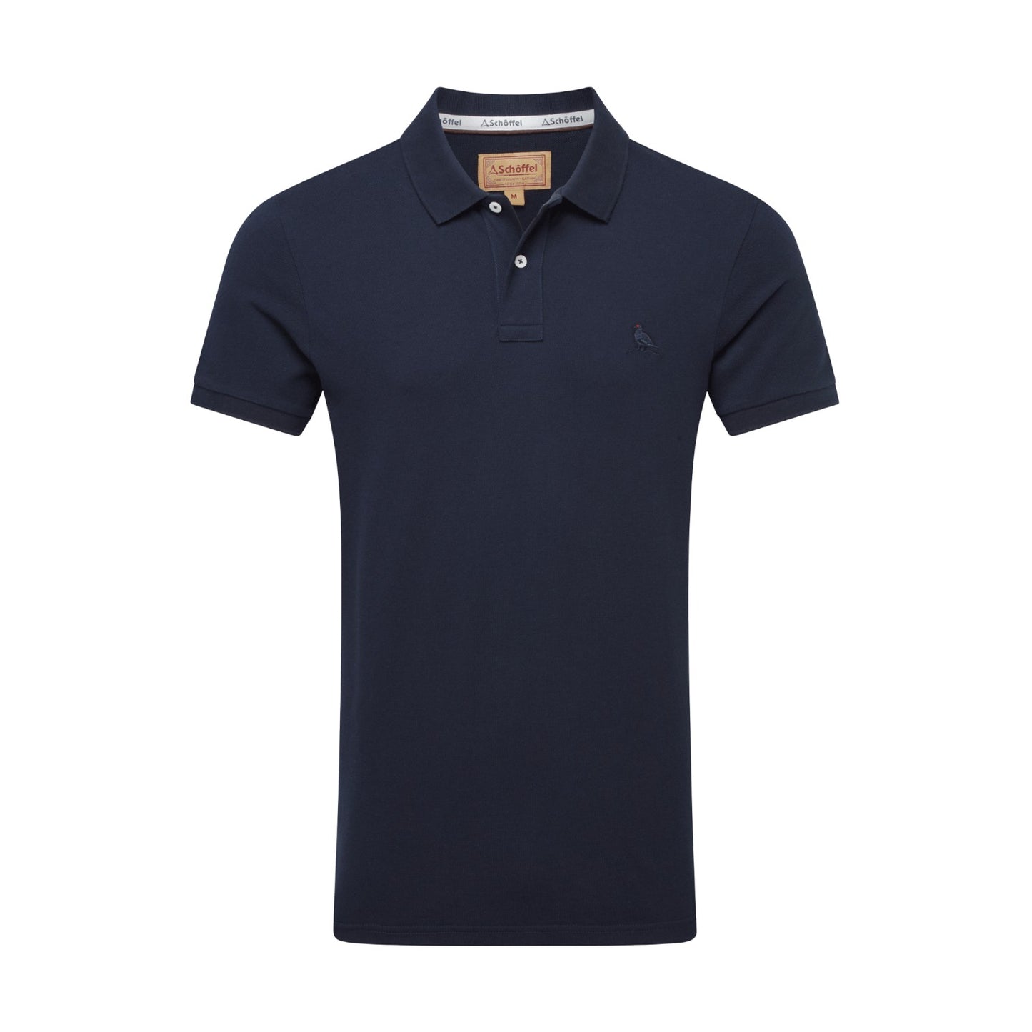 Navy blue polo shirt with brand logo on a white background