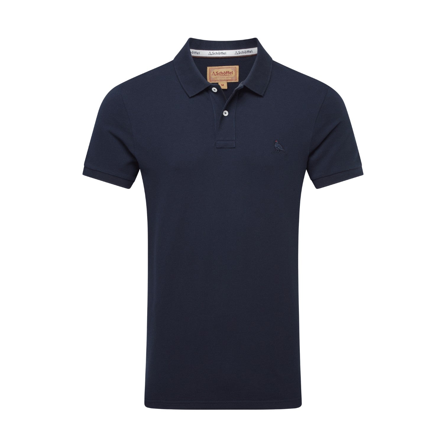 Navy blue polo shirt with brand logo on a white background