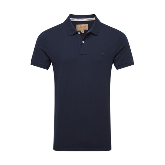 Navy blue polo shirt with brand logo on a white background