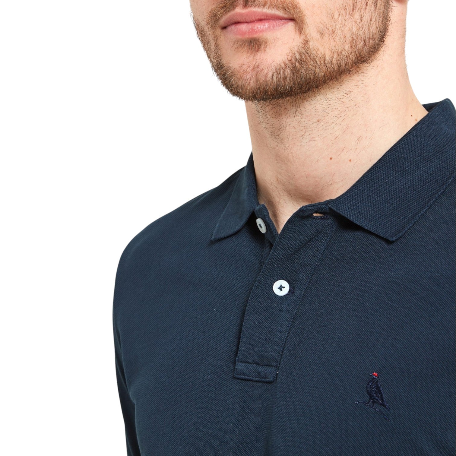 Navy blue polo shirt with a small logo on a white background