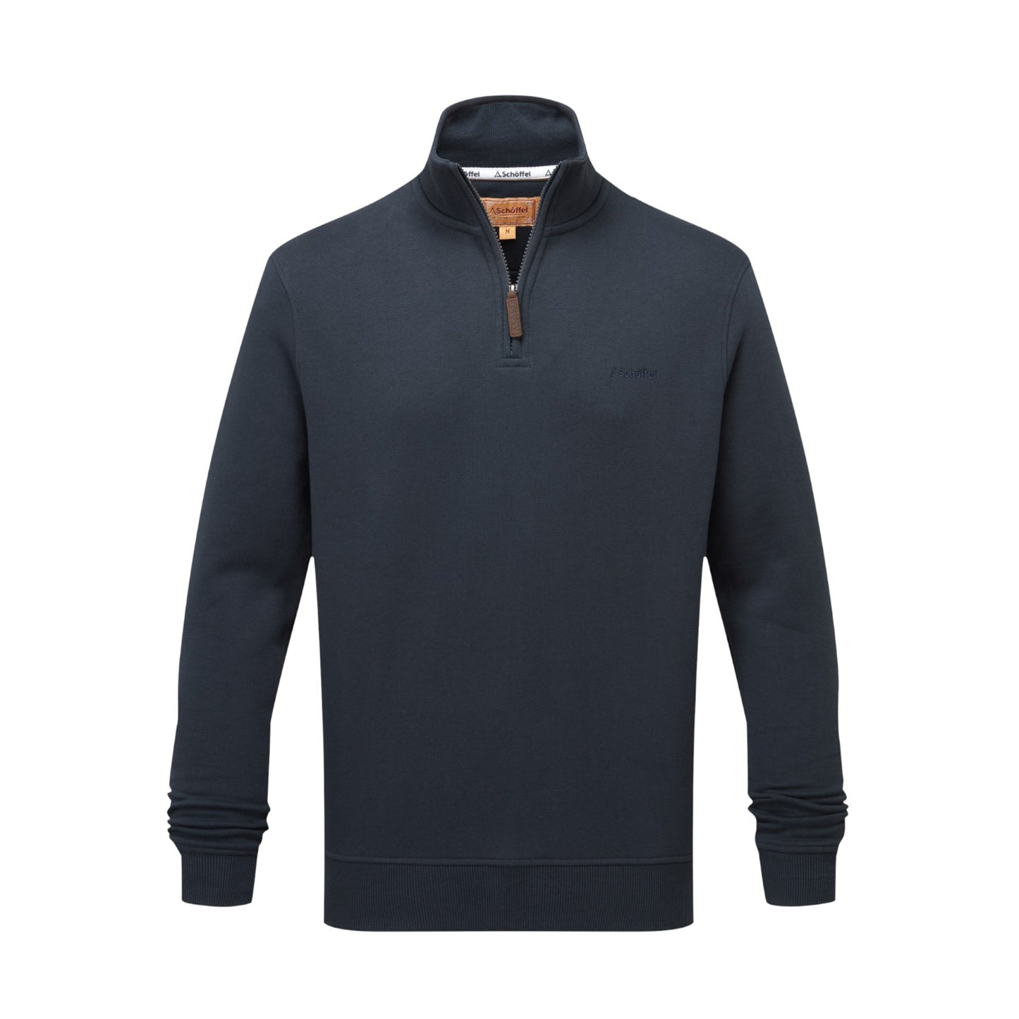 Navy blue pullover with a quarter zip on a white background