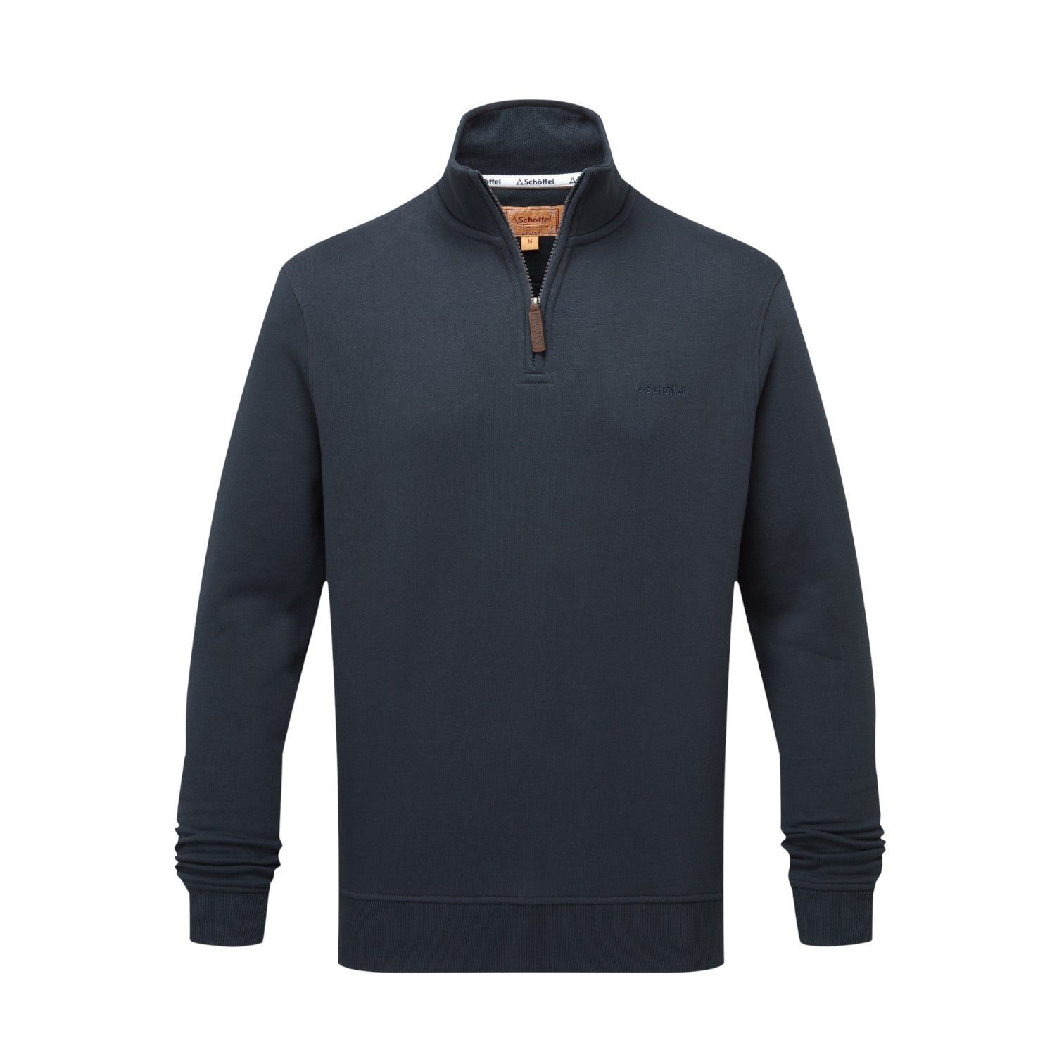 Navy blue pullover with a quarter zip on a white background