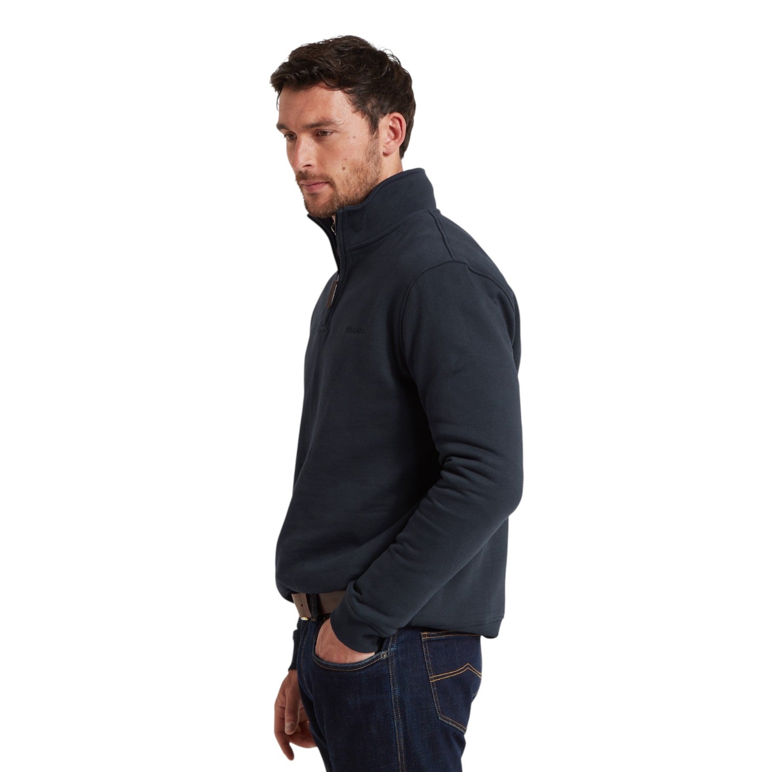 Man wearing a navy fleece jacket on a white background