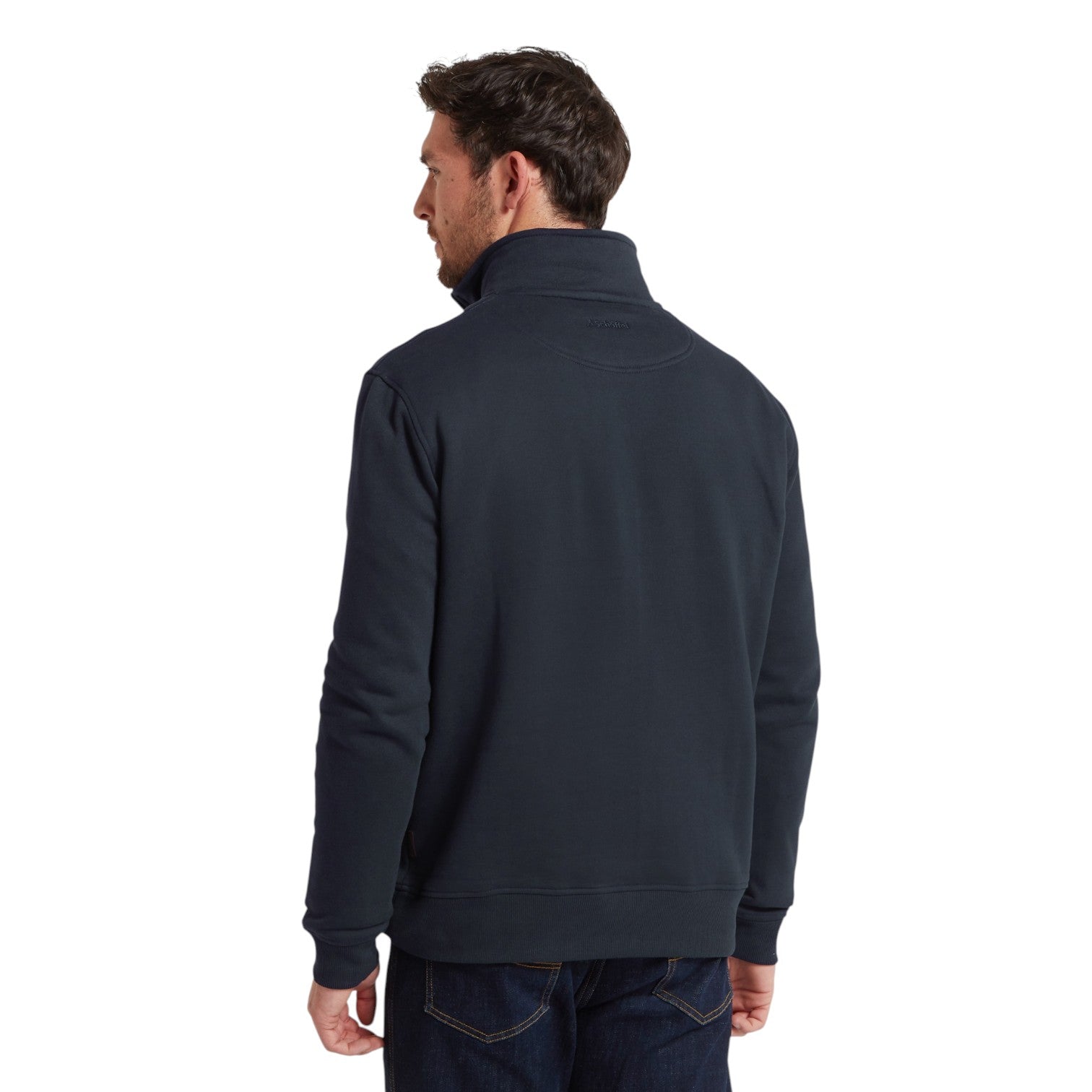Man wearing a navy blue pullover on a white background
