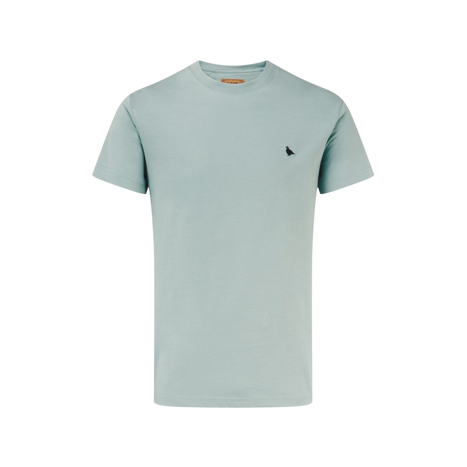 Light blue t-shirt with a small black logo on a white background