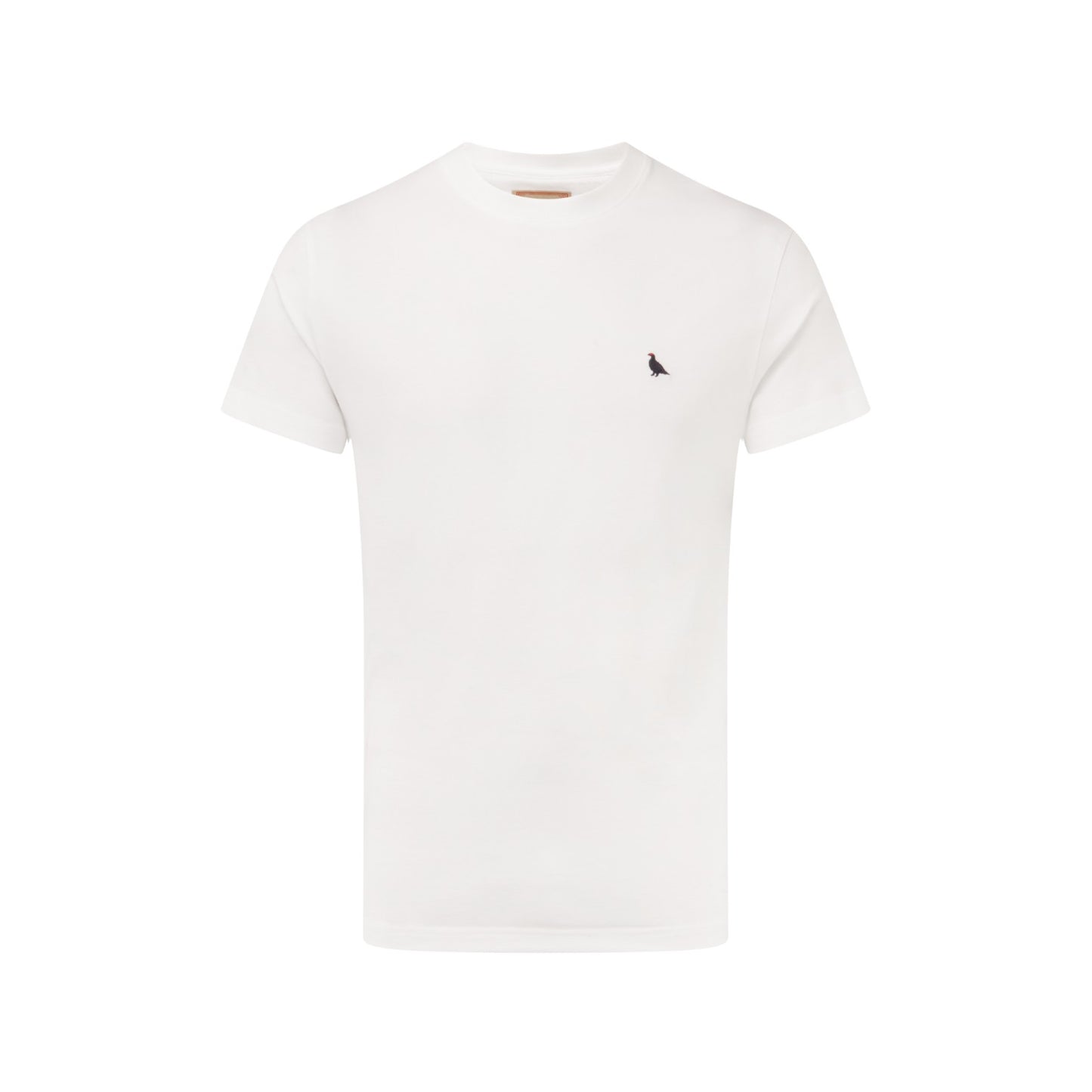 White t-shirt with a small black logo on a white background