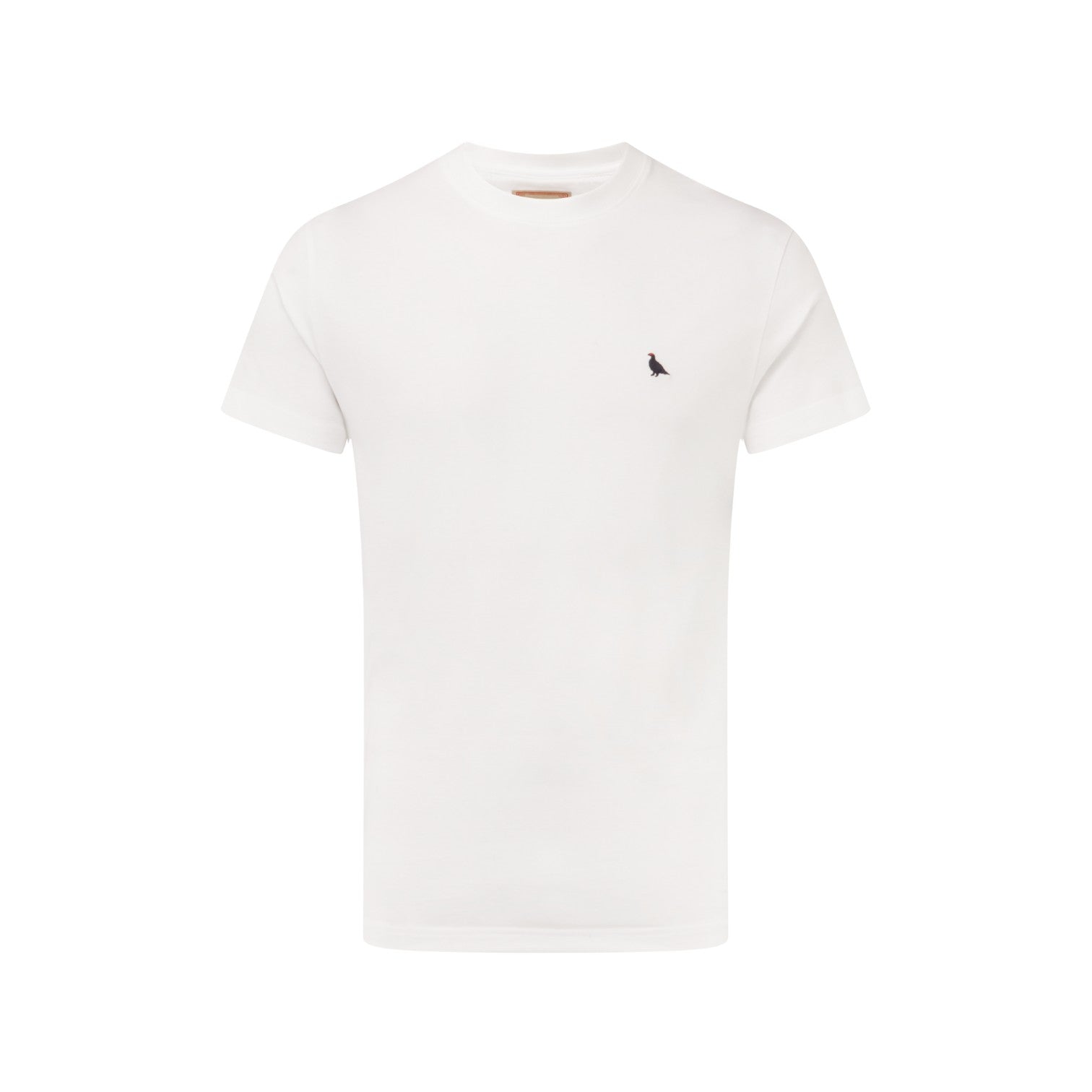 White t-shirt with a small black logo on a white background