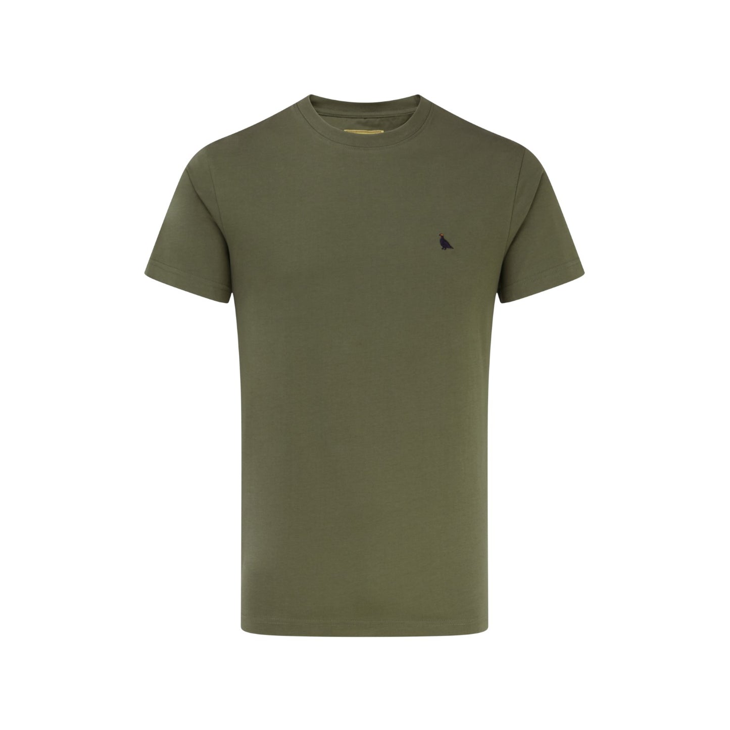 Green t-shirt with a small black logo on a white background