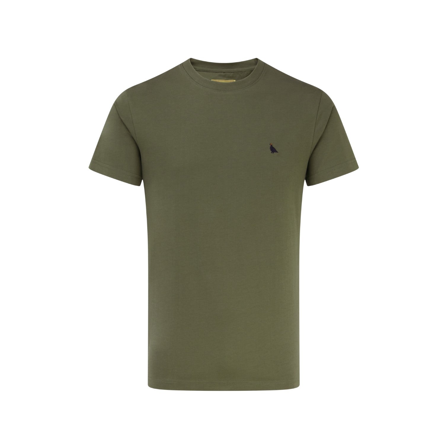 Green t-shirt with a small black logo on a white background