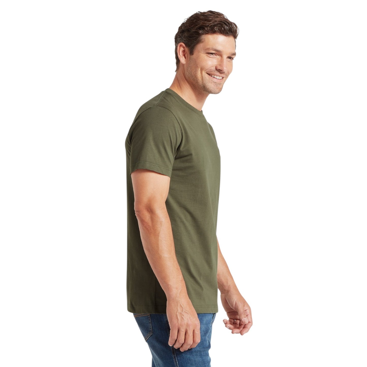 Man wearing a green t-shirt on a white background