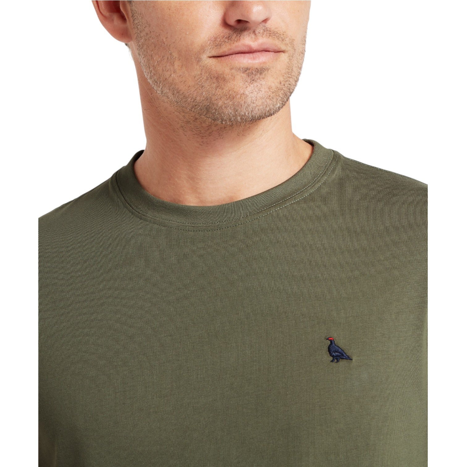 Close-up of a person wearing a green sweater with a small logo on a white background