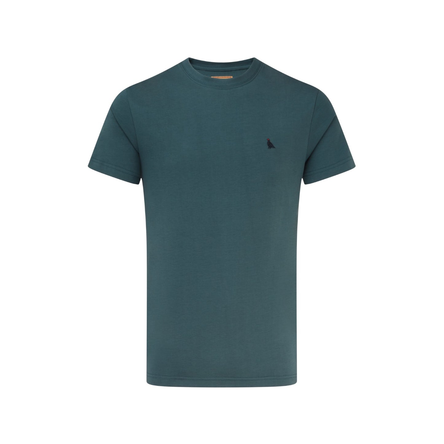 Teal t-shirt with a small black logo on a white background