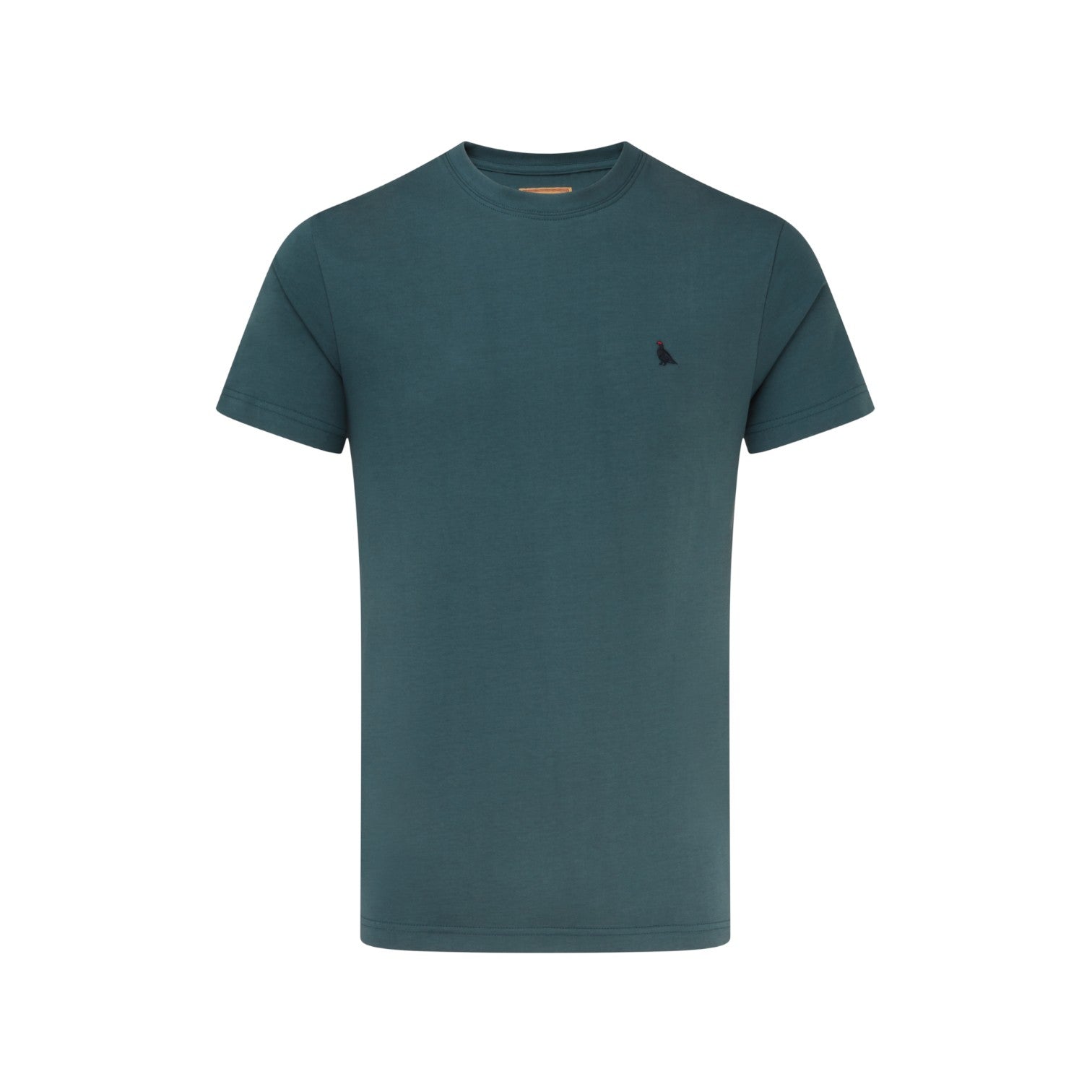 Teal t-shirt with a small black logo on a white background