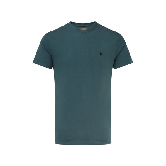 Teal t-shirt with a small black logo on a white background