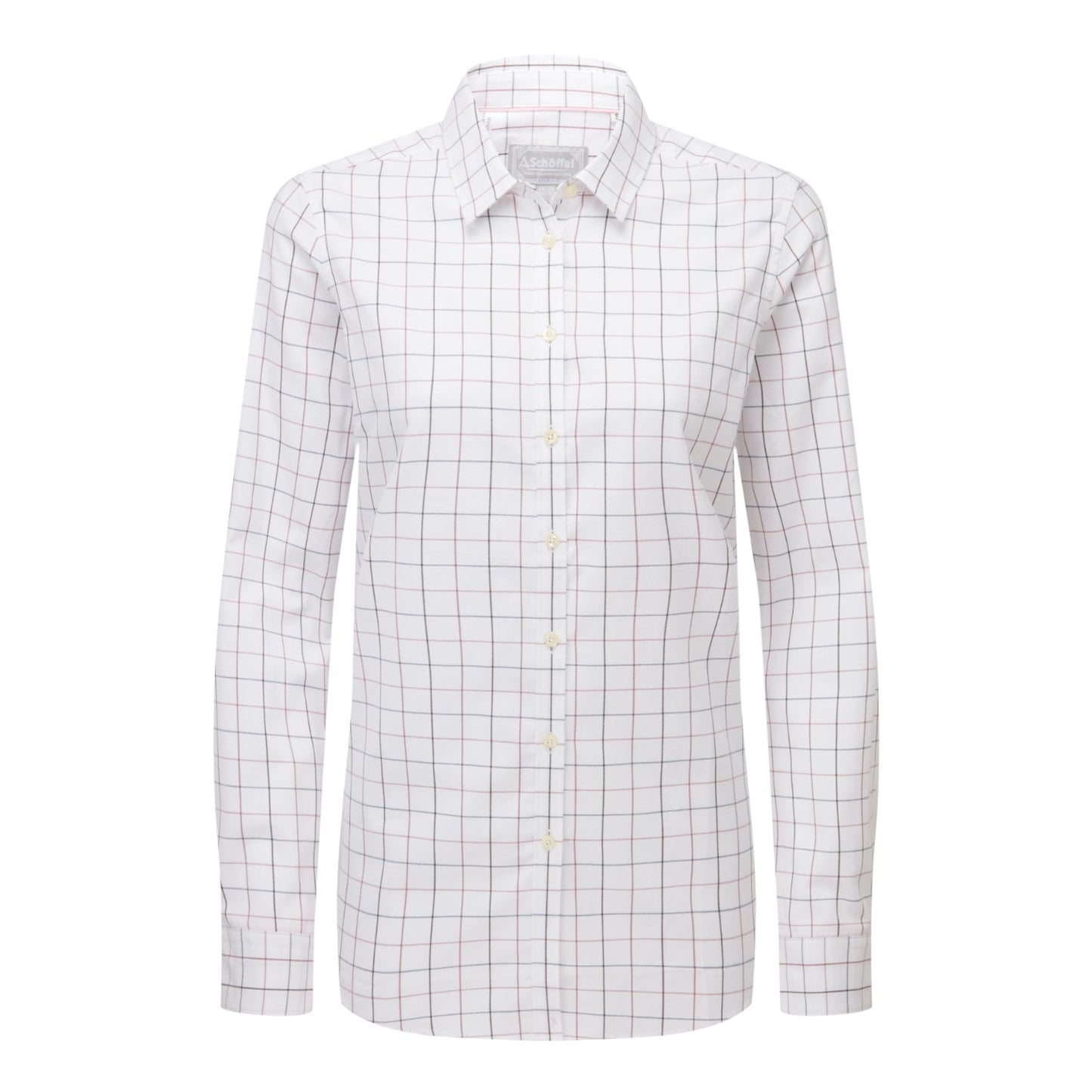 White shirt with black grid pattern on a white background