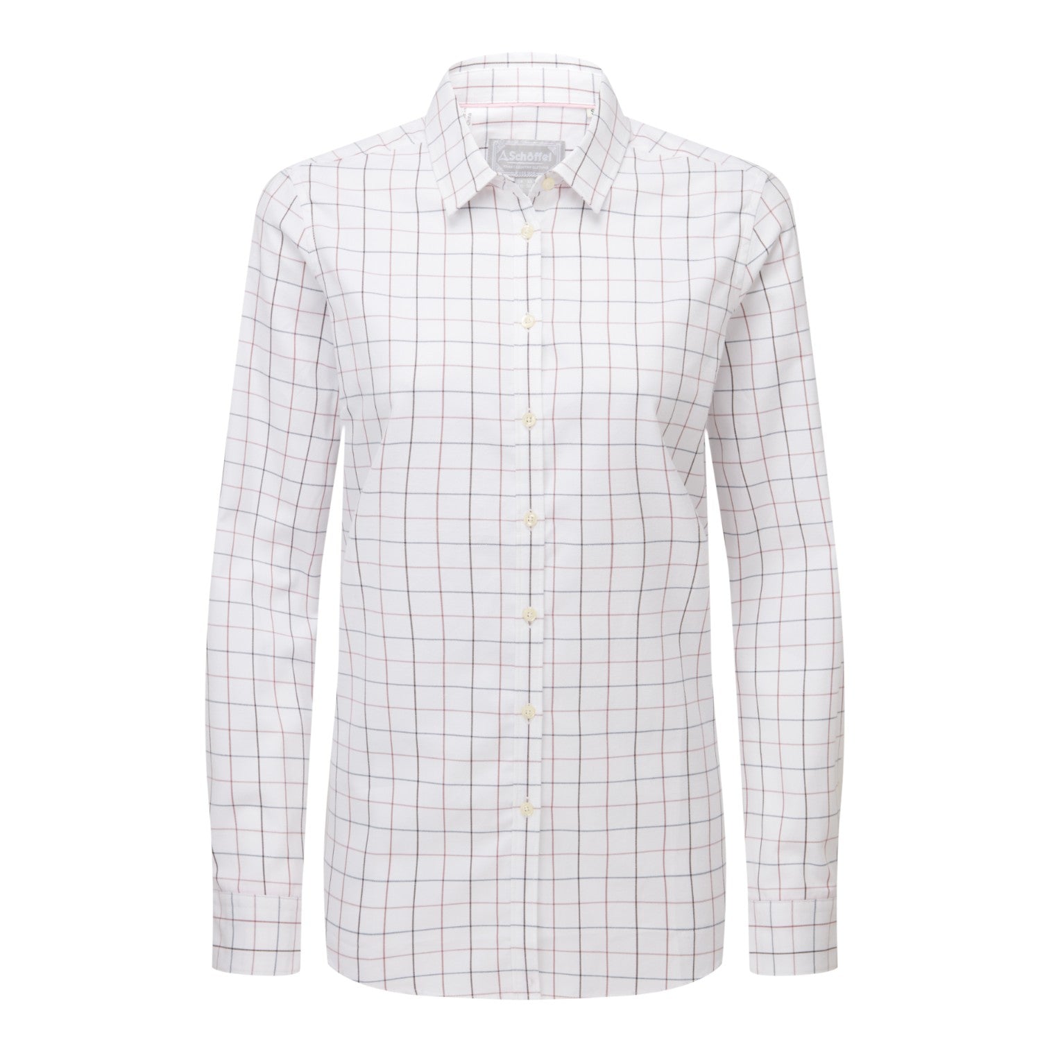 White shirt with black grid pattern on a white background