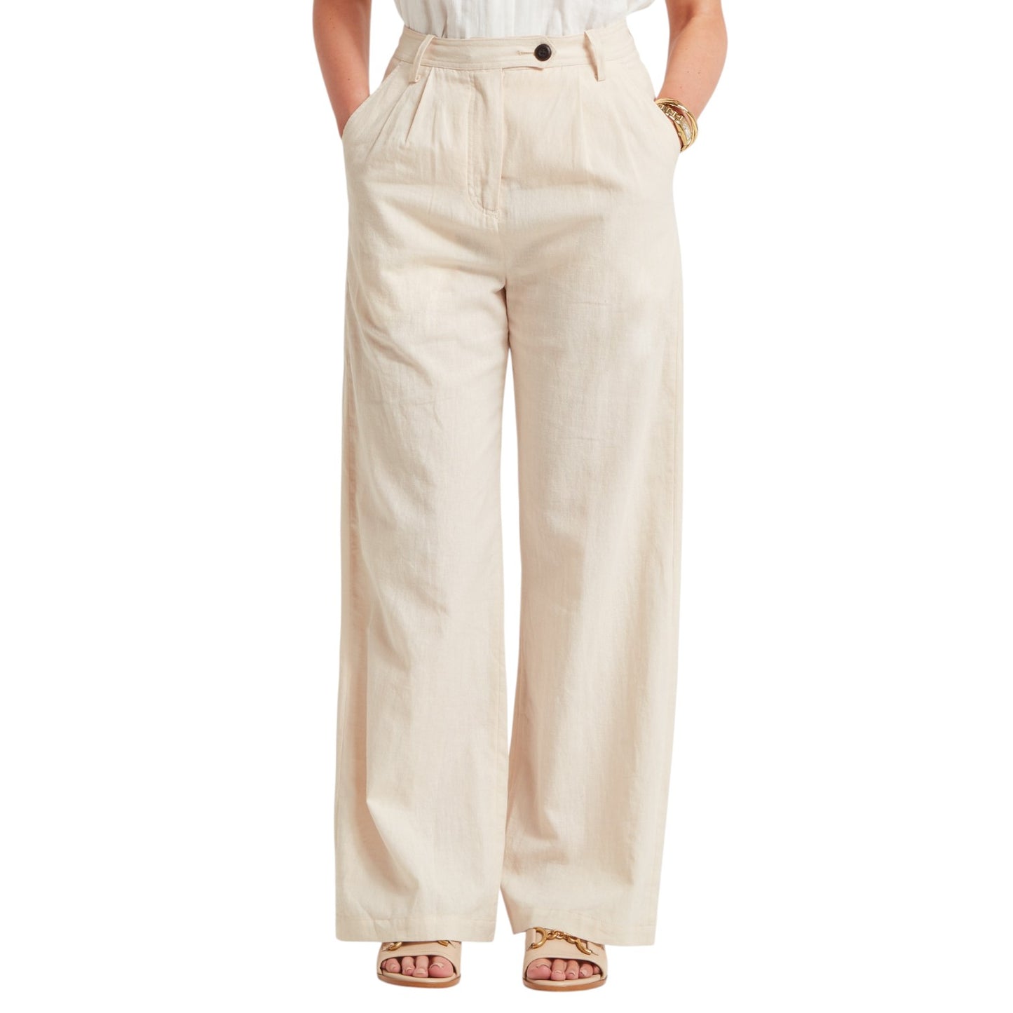 Beige wide-leg pants worn by a person on a white background