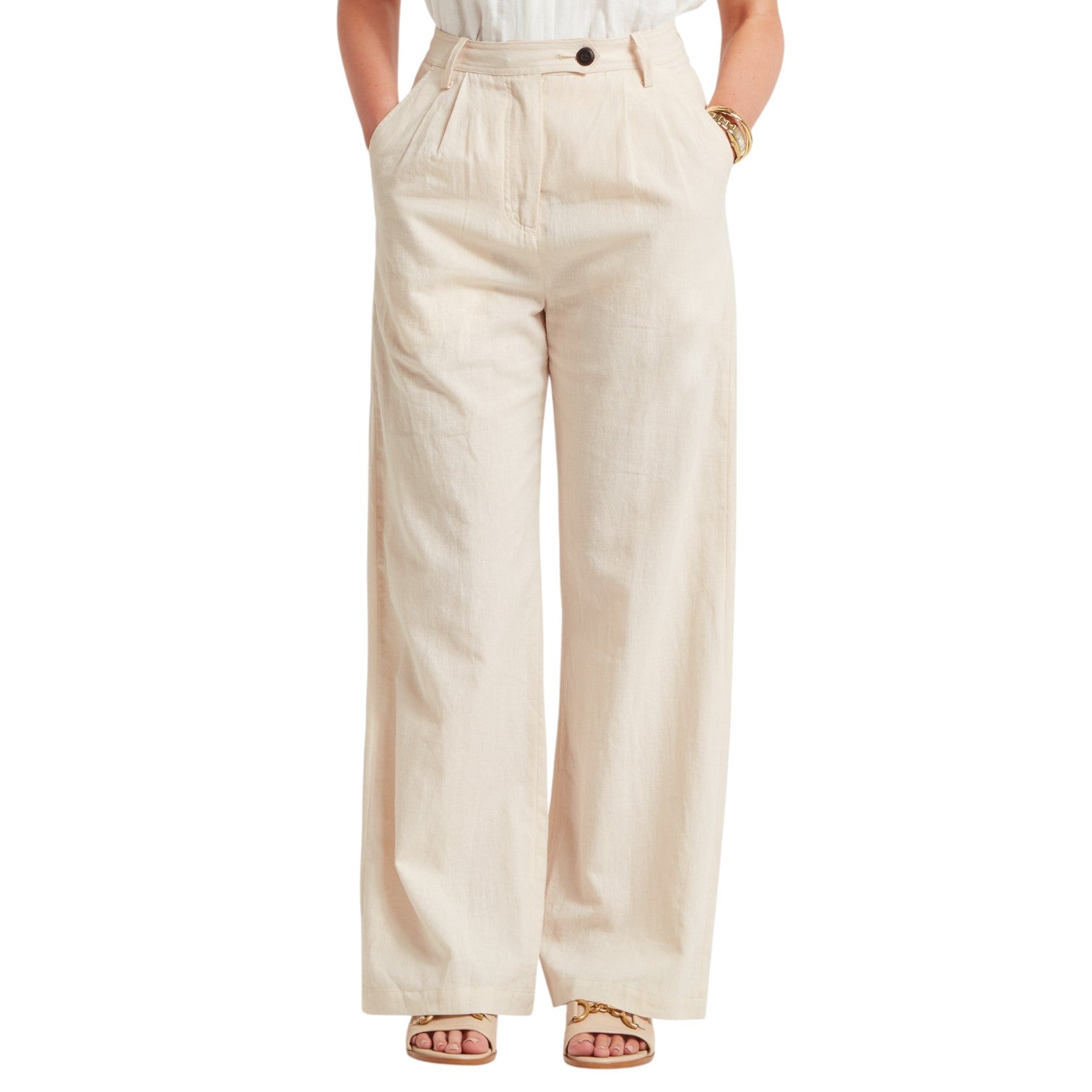 Beige wide-leg pants worn by a person on a white background