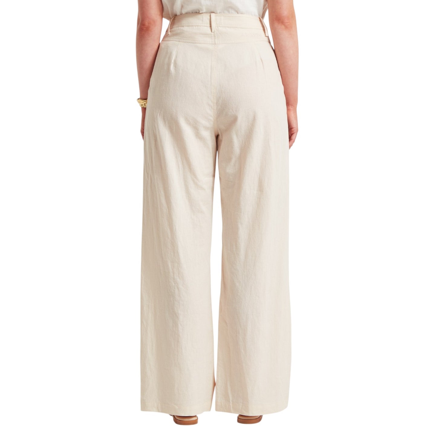 Beige wide-leg pants worn by a person on a white background