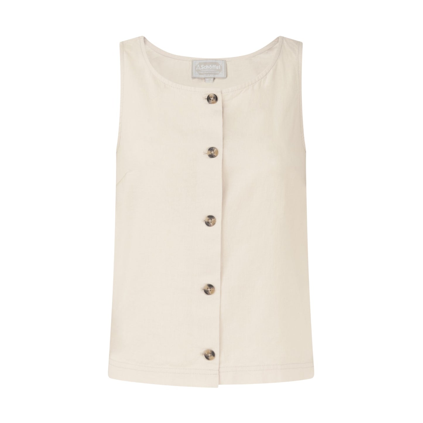 Beige sleeveless top with buttons on a white background