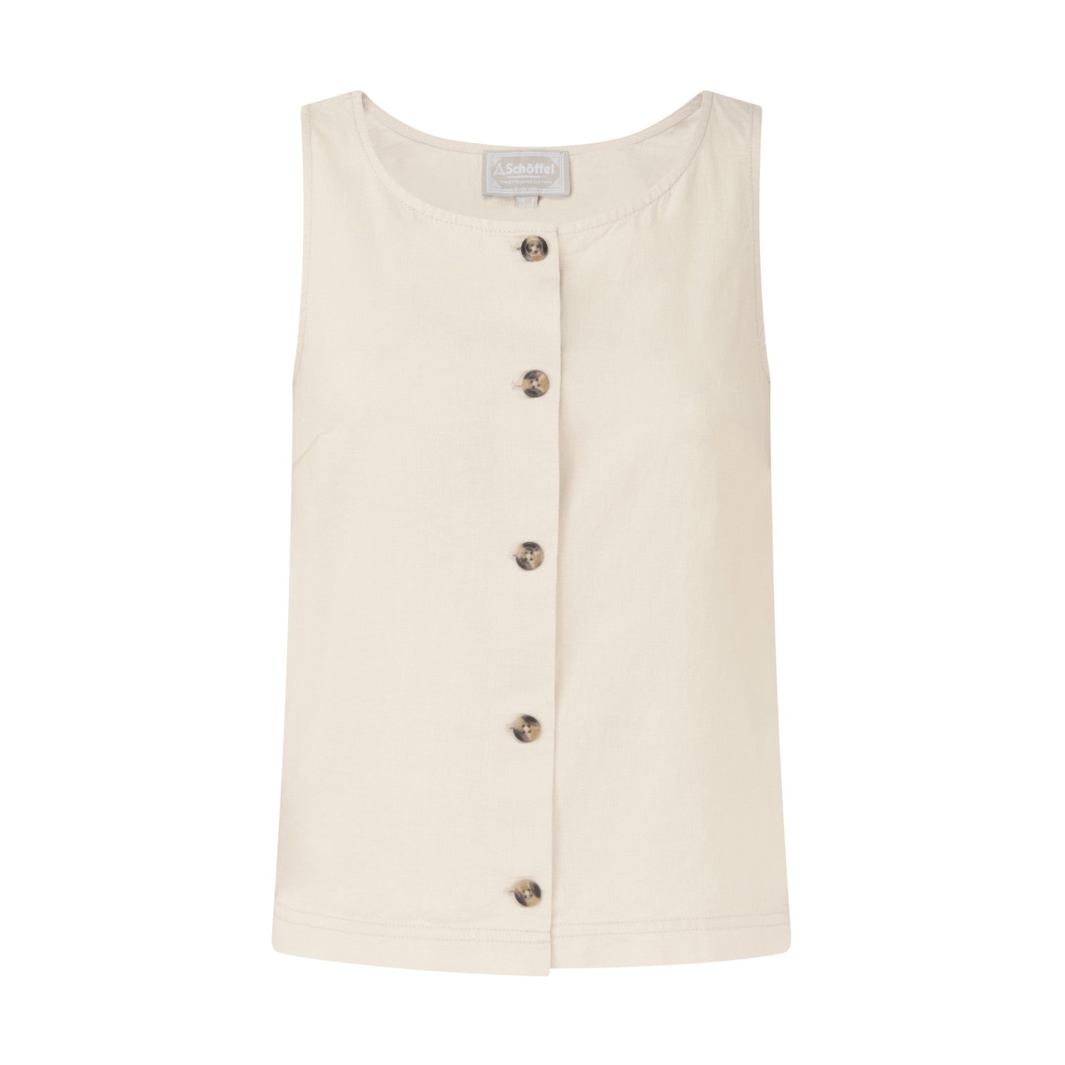 Beige sleeveless top with buttons on a white background