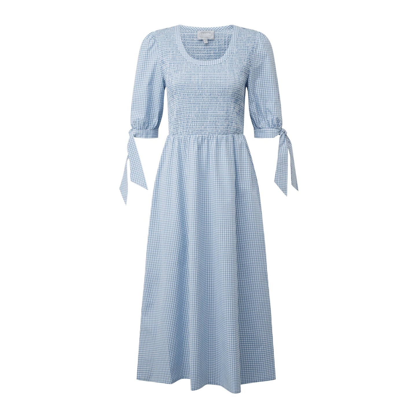 Blue checkered dress with puff sleeves and ribbon details on a white background