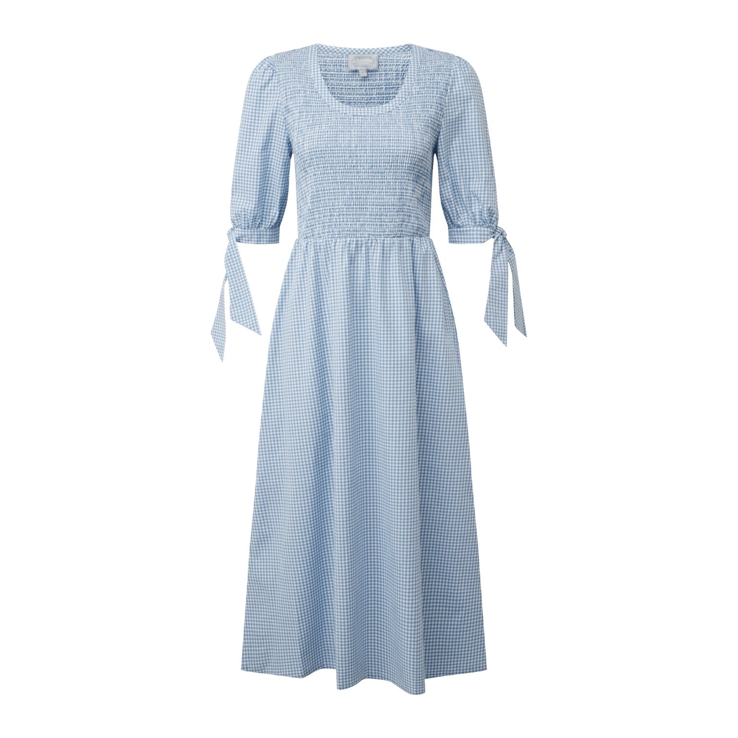Blue checkered dress with puff sleeves and ribbon details on a white background