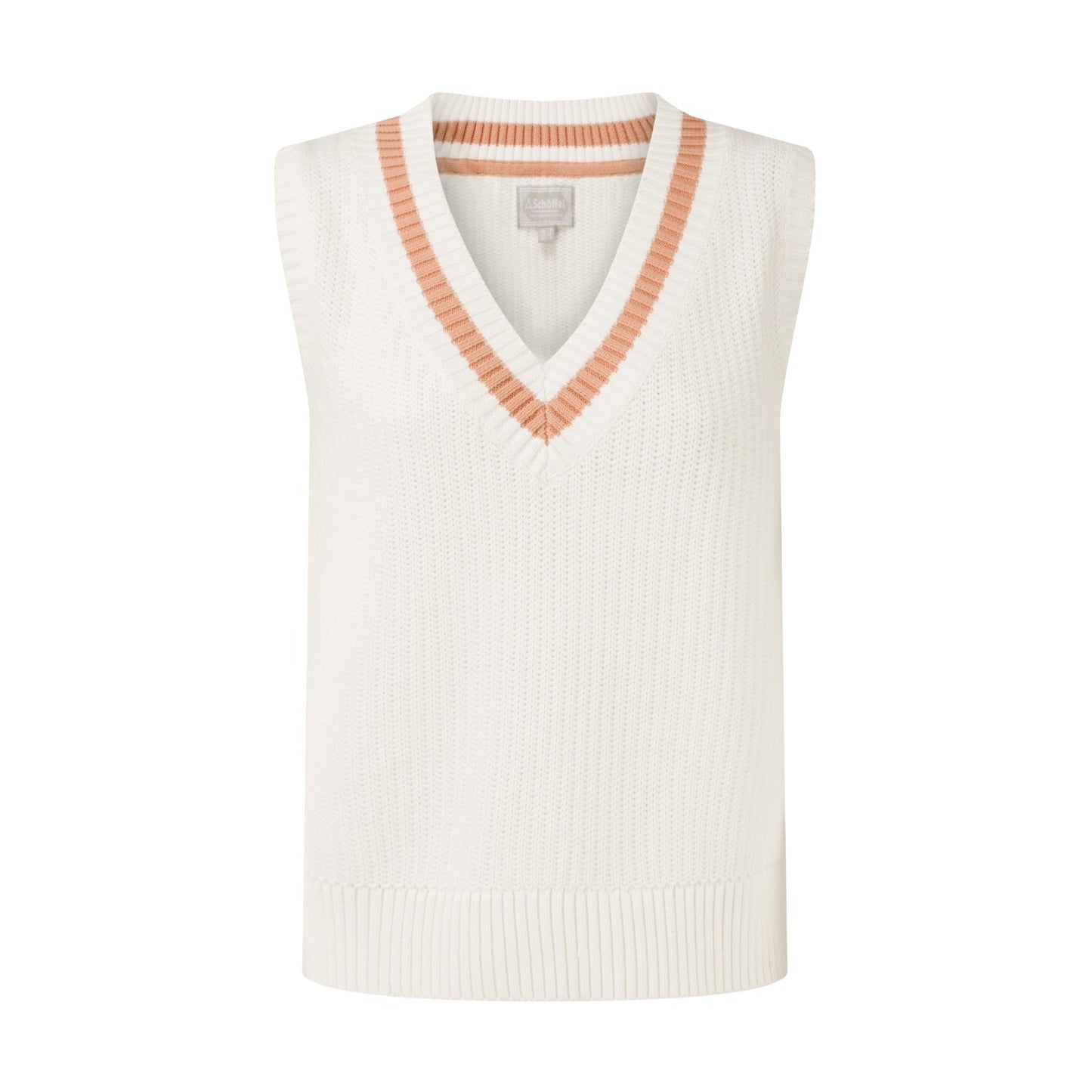 White sweater vest with pink trim on a white background