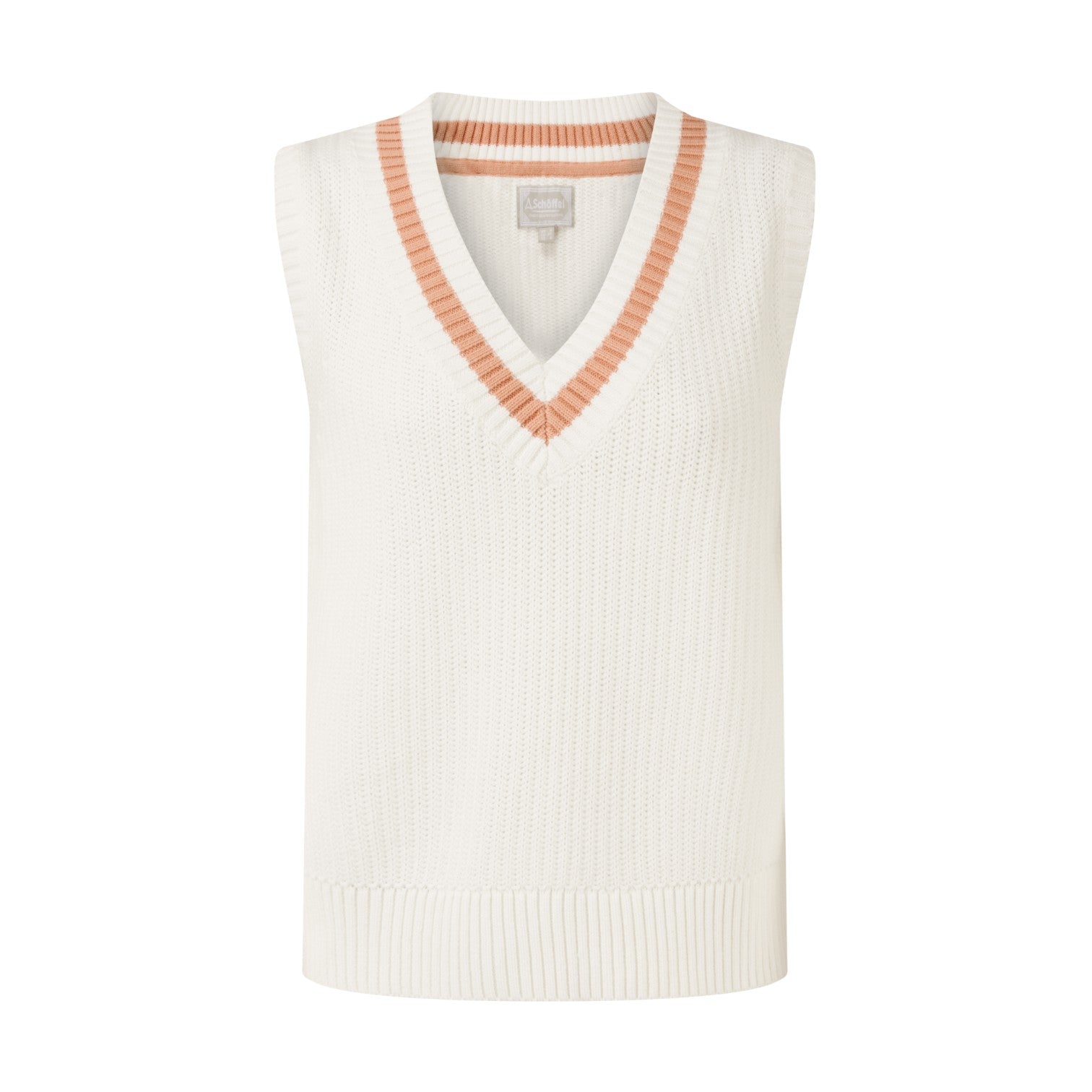 White sweater vest with pink trim on a white background