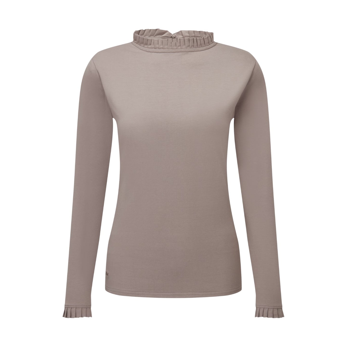 Beige long-sleeve top with a ruffled collar on a white background