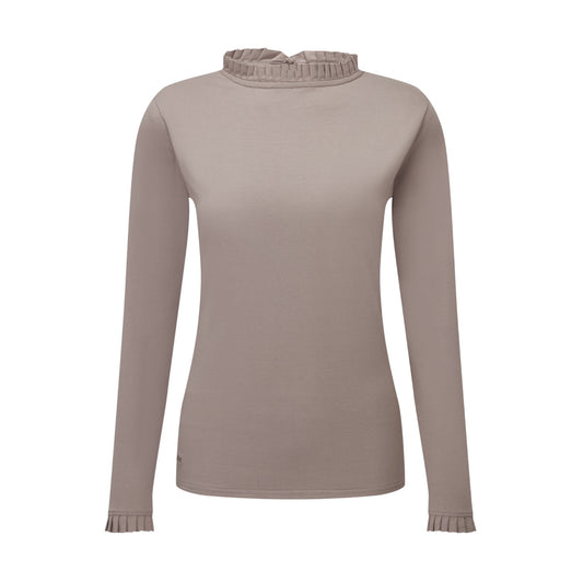 Beige long-sleeve top with a ruffled collar on a white background