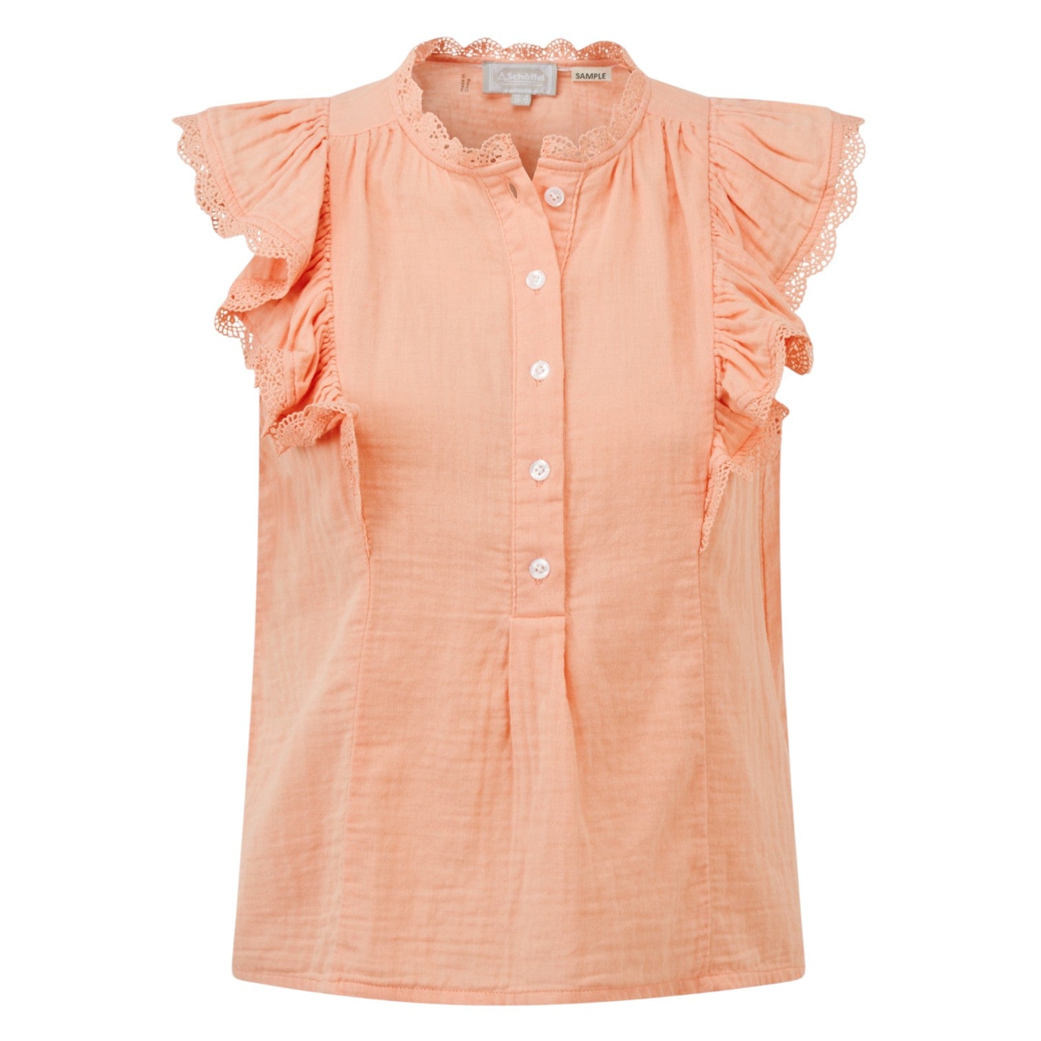 Peach-colored blouse with ruffled sleeves on a white background