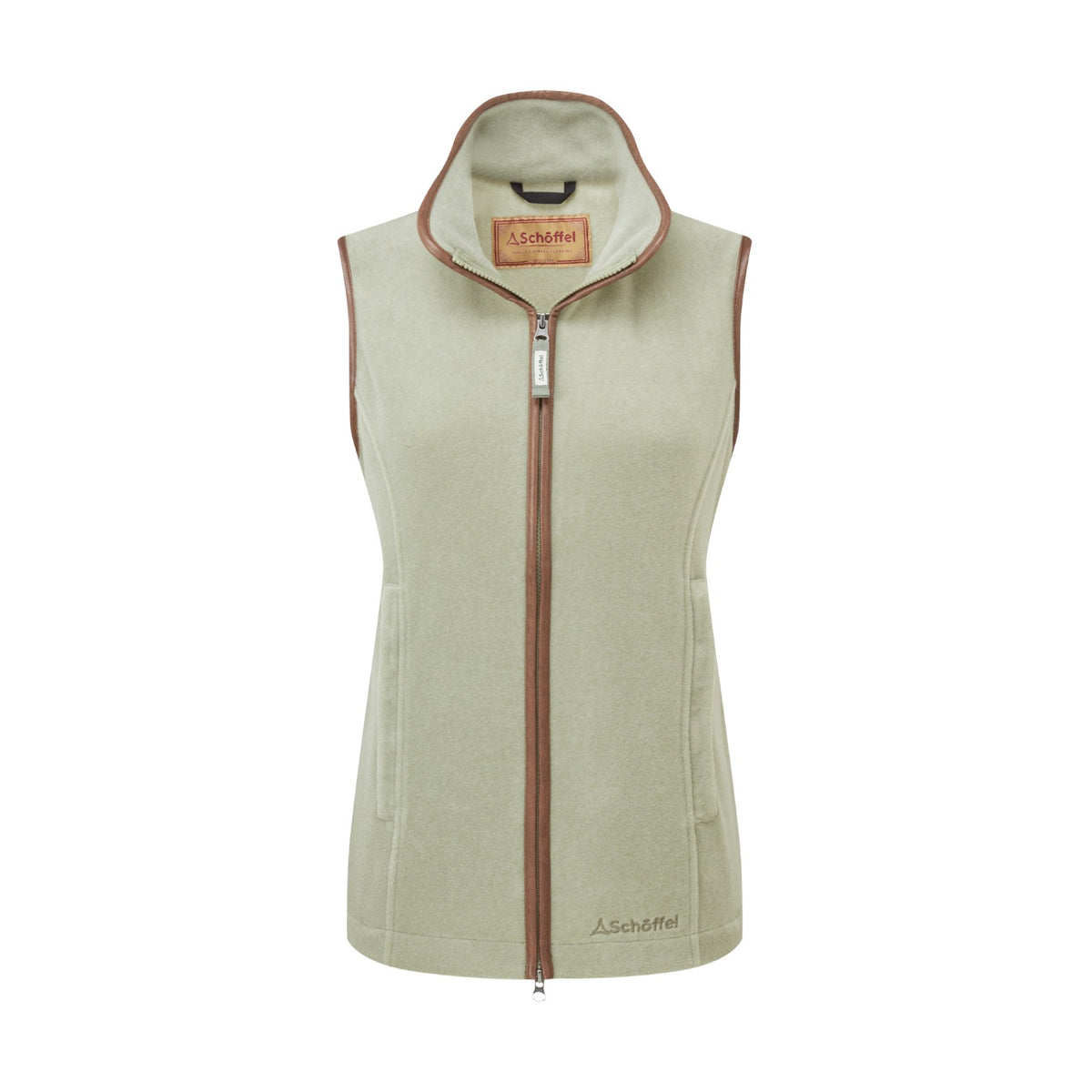 Light green vest with brown zipper and trim on a white background
