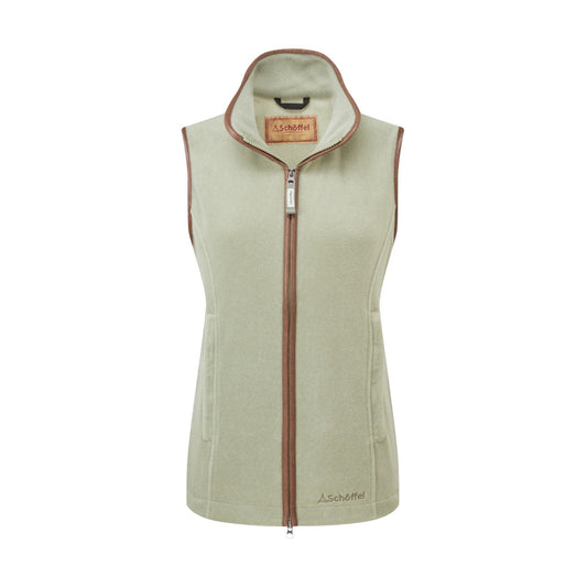 Light green vest with brown zipper and trim on a white background