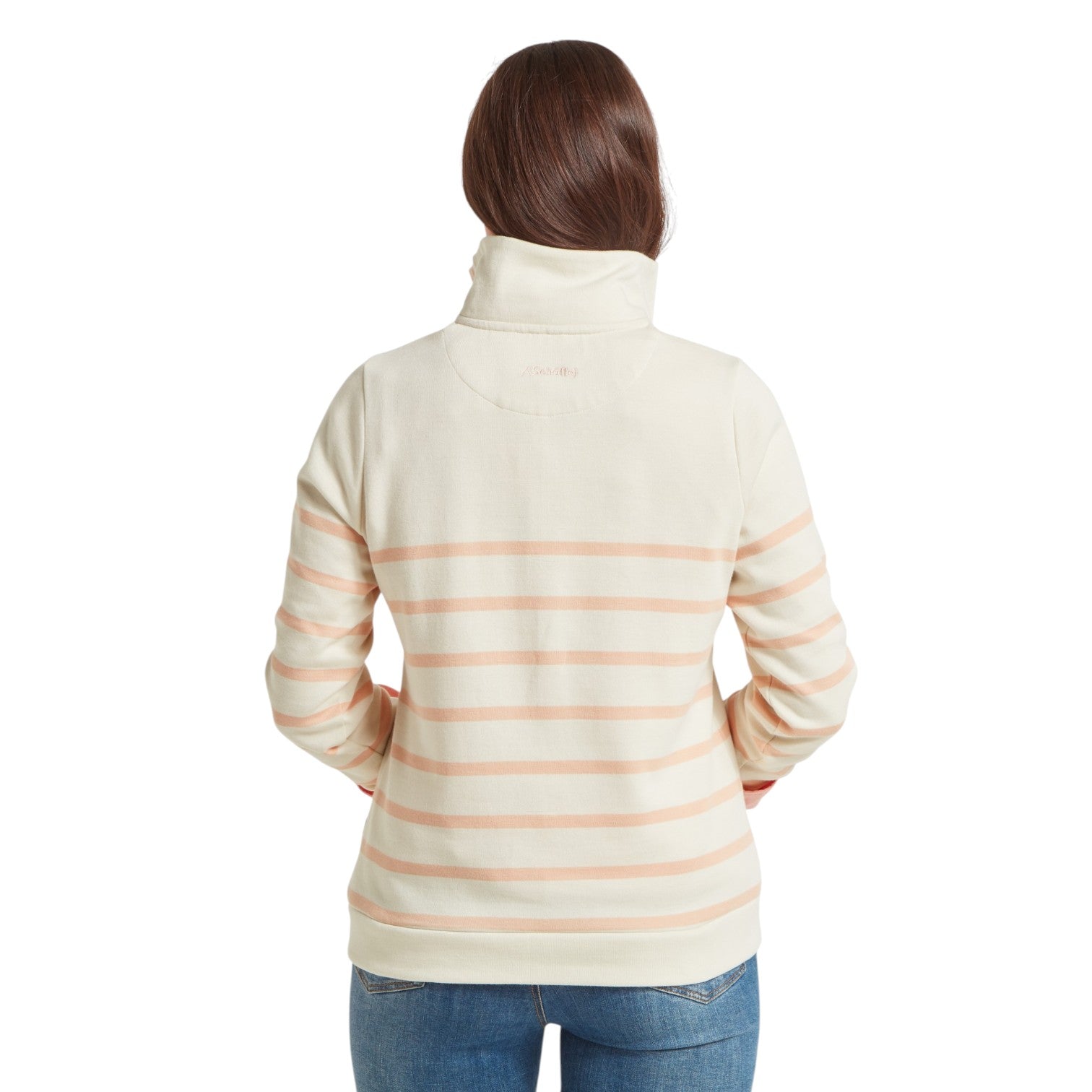 Person wearing a striped long-sleeve shirt on a white background