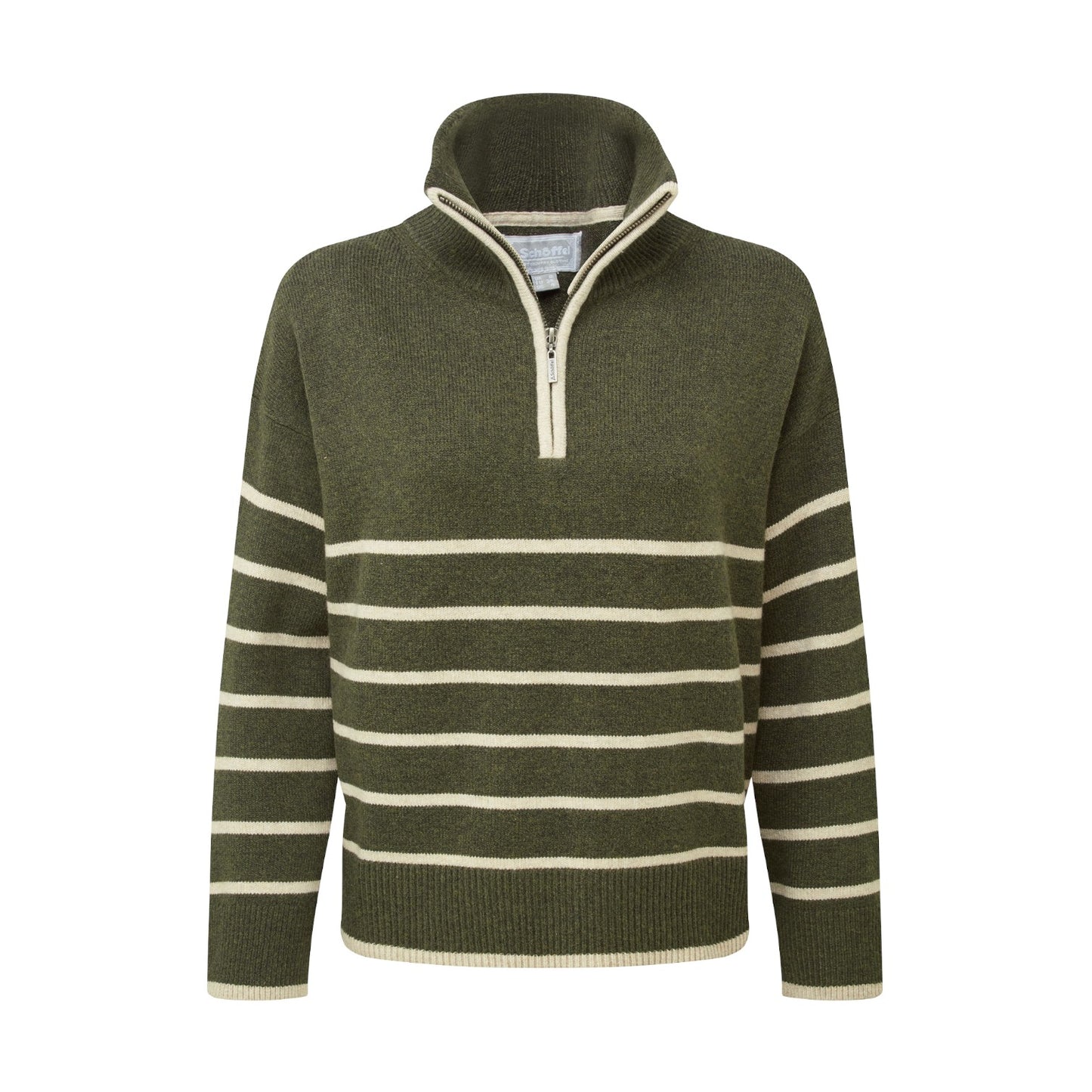 Green and beige striped sweater with a quarter zip on a white background