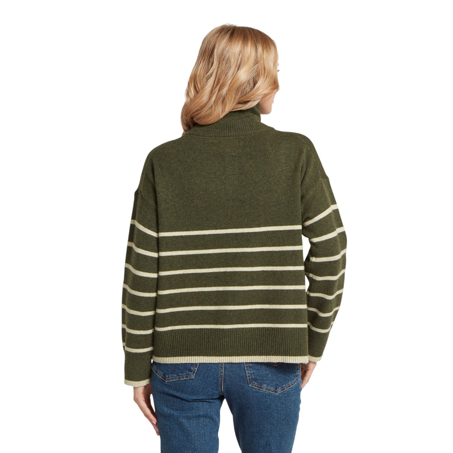 Person wearing a green and beige striped sweater on a white background