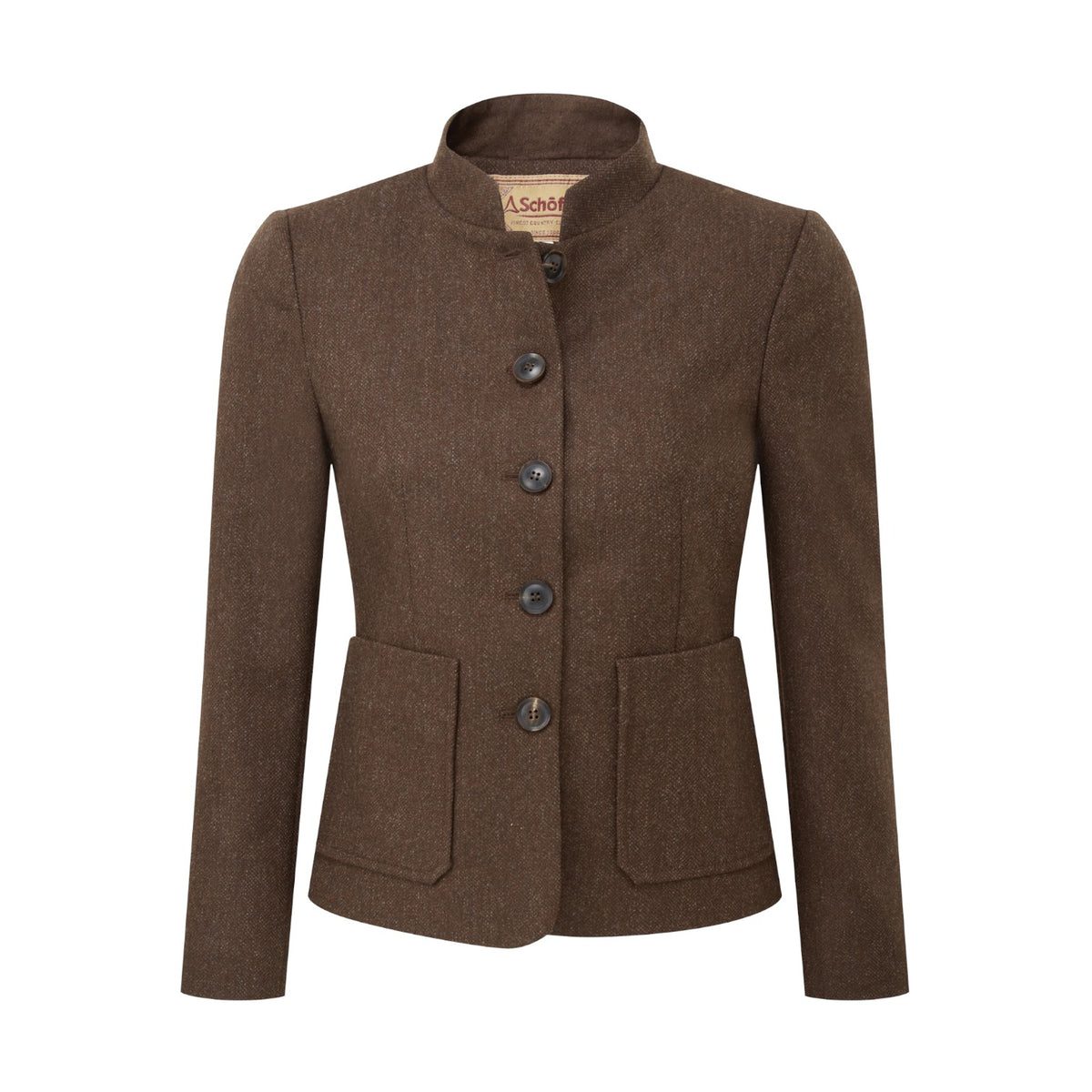 Brown jacket with button details on a white background