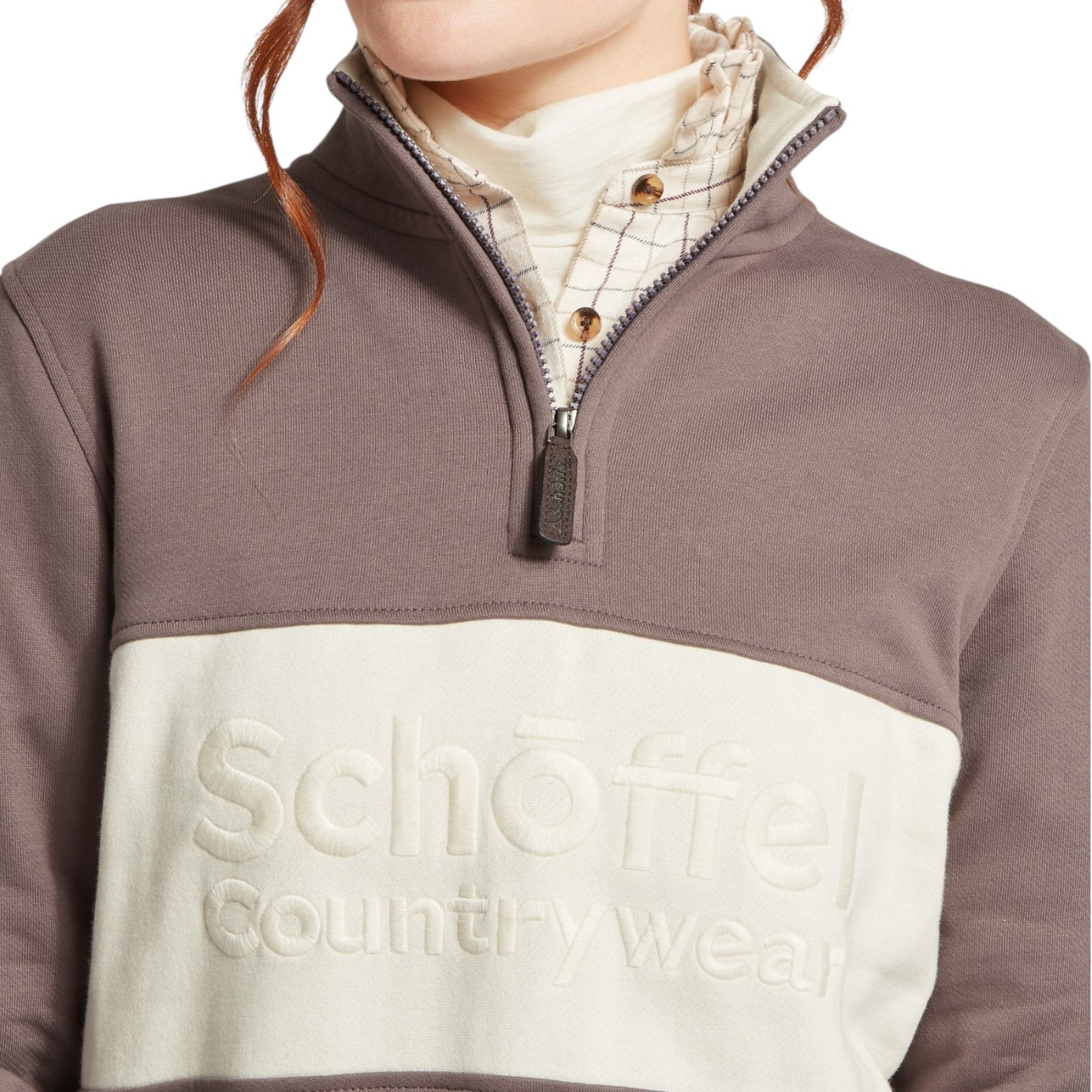Close-up of a person wearing a brown and beige pullover with 'Schoffel Country Wear' branding.