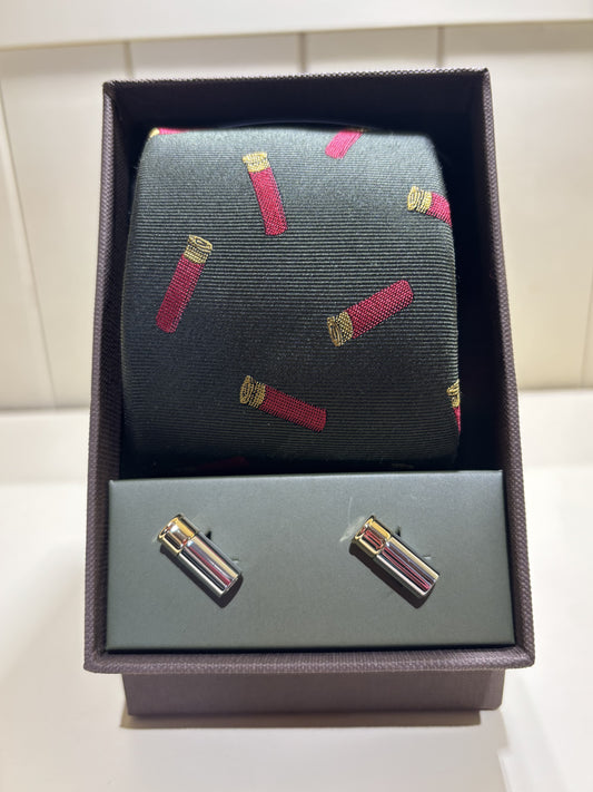 Soprano Shooting Tie & Cufflinks Set - Gun Cartridges on Green Ground