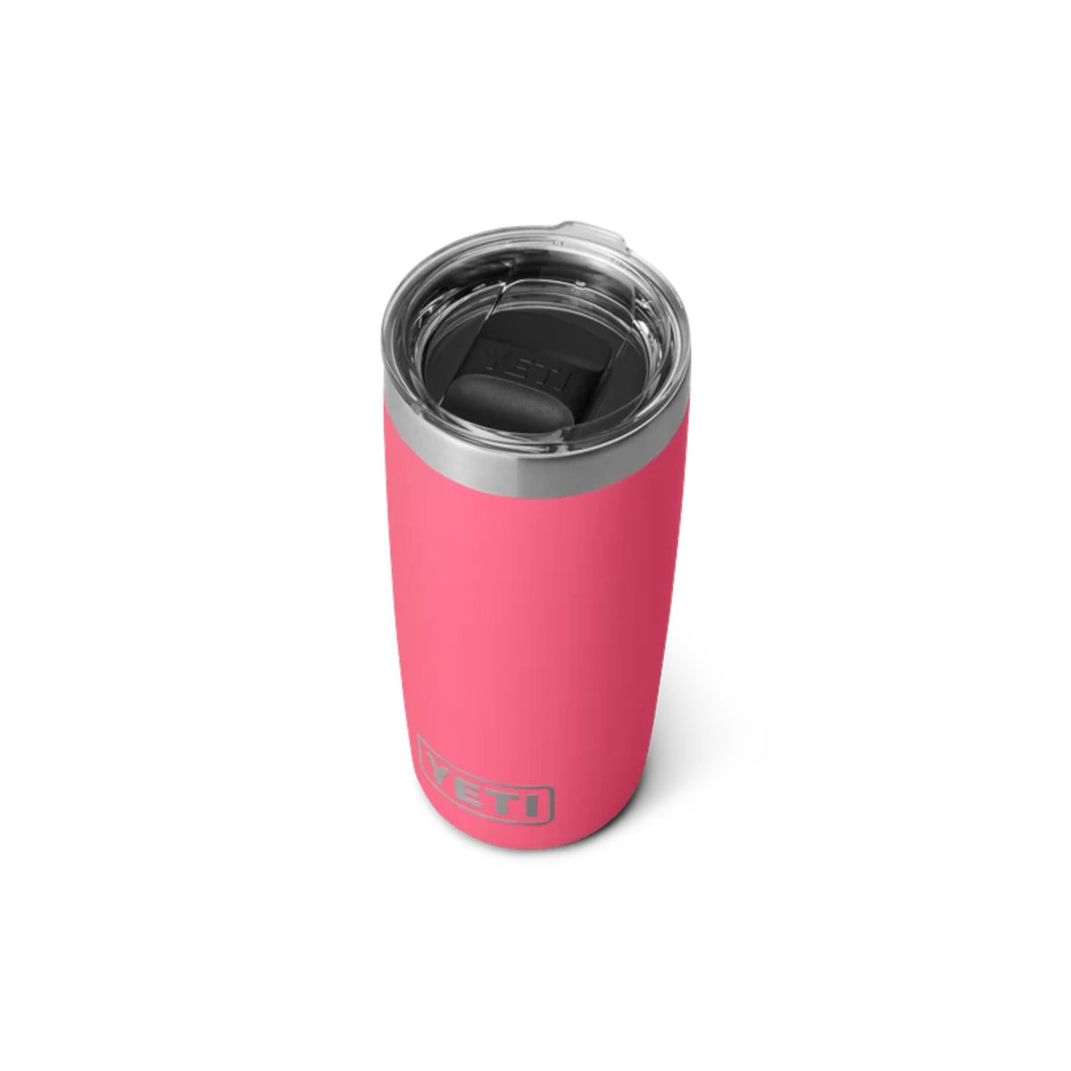 Pink insulated tumbler with silver lid on a white background