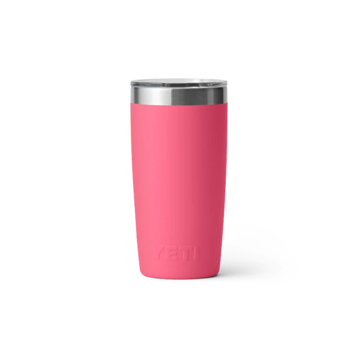Pink tumbler with silver rim on a white background