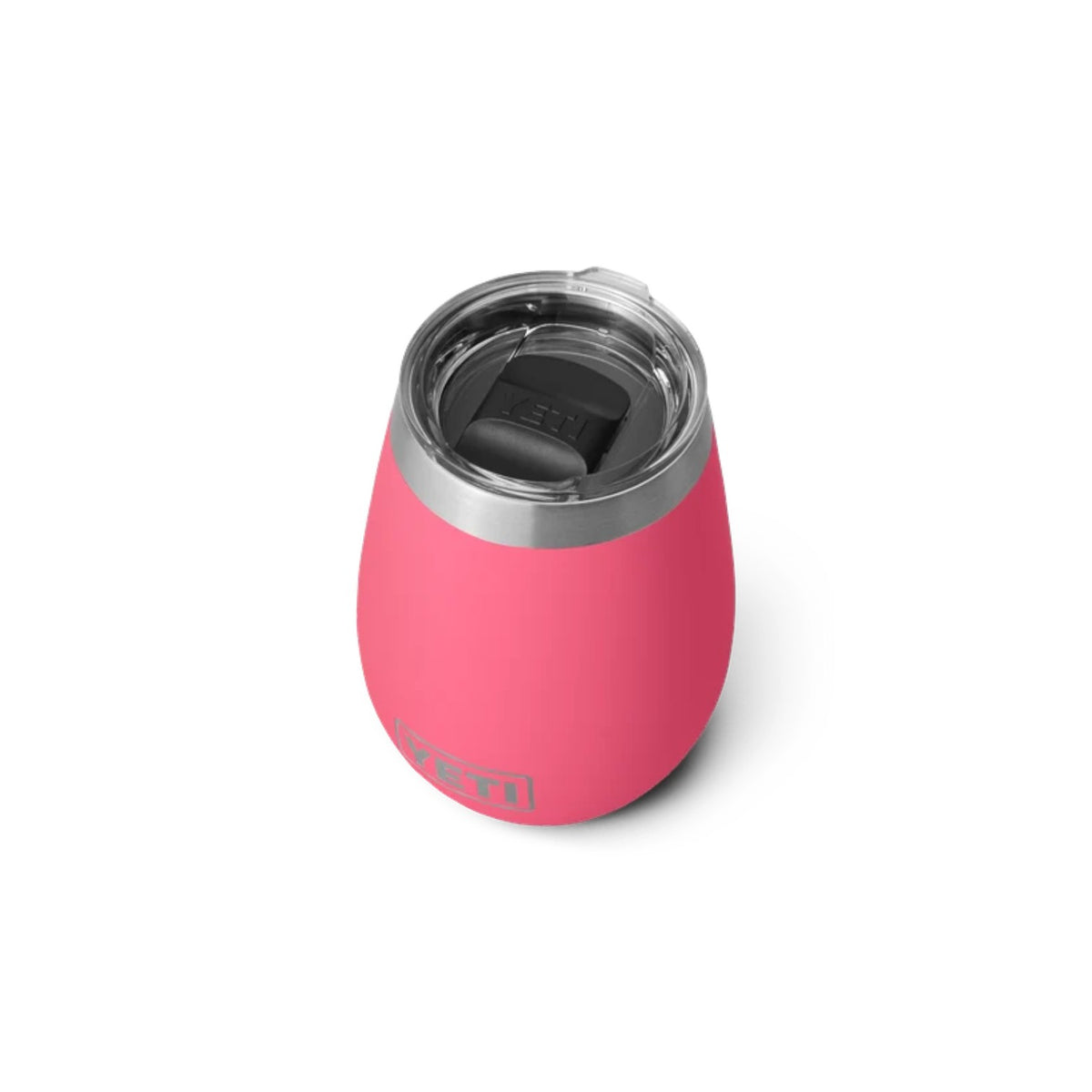 Pink insulated tumbler with silver lid on a white background
