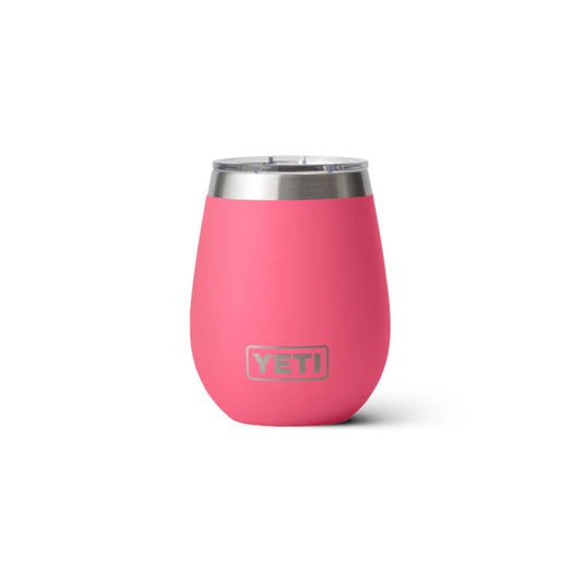 A pink YETI stemless wine tumbler with a stainless steel rim, shown on a clean white background.