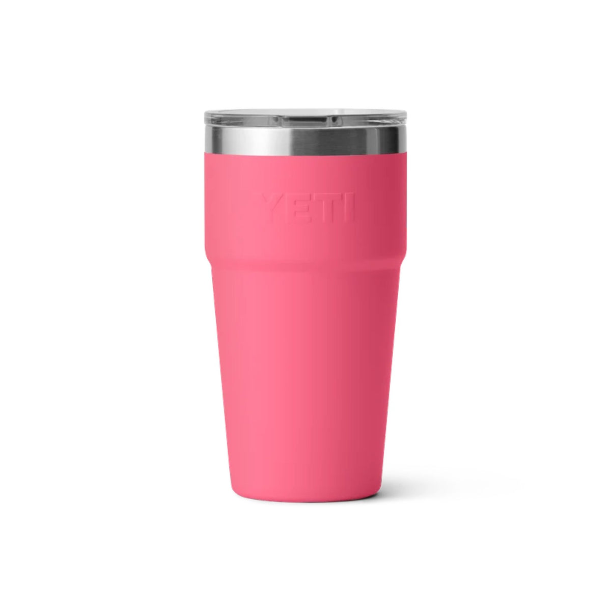 A bright pink YETI insulated travel tumbler with a stainless steel lid, shown on a clean white background.
