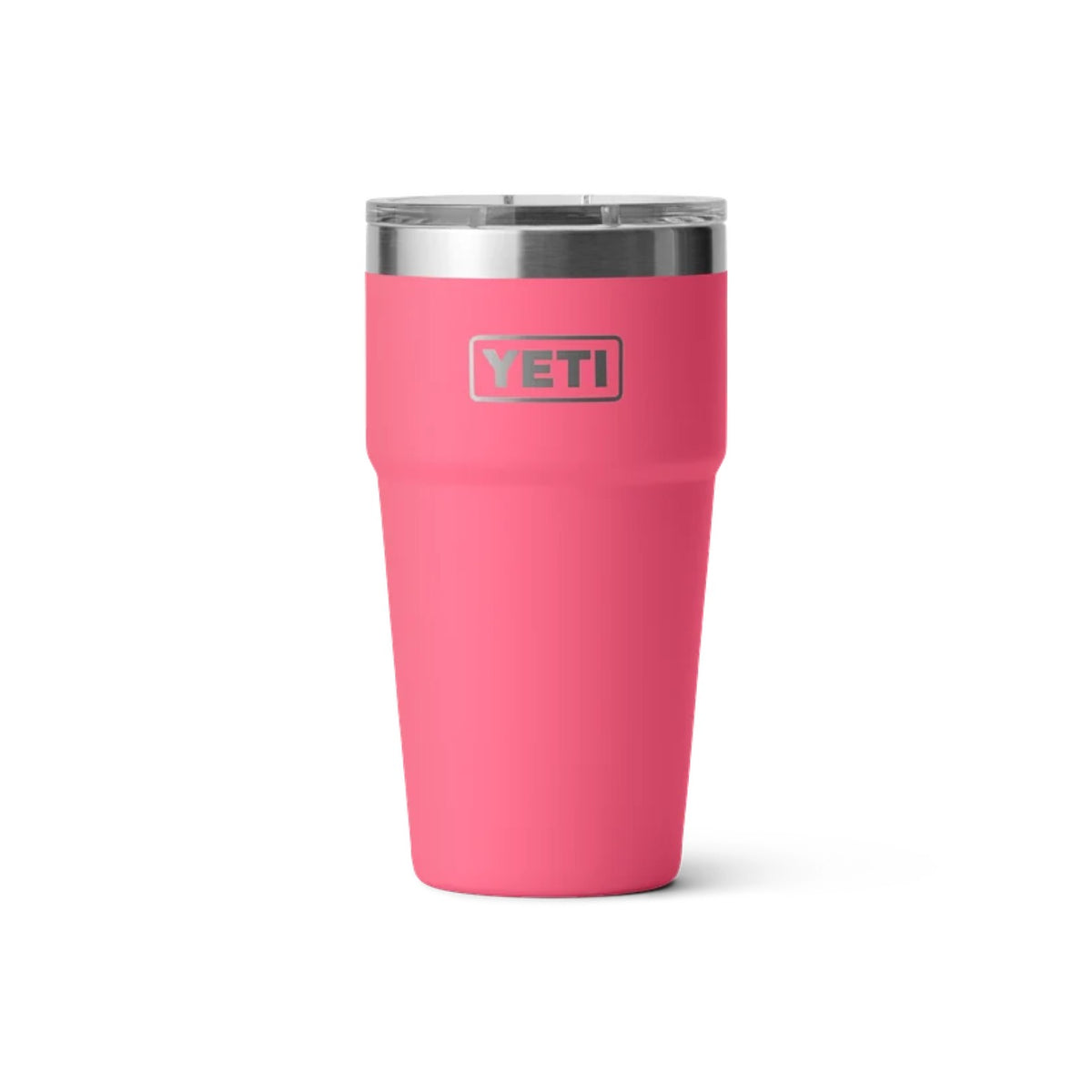 A pink YETI insulated tumbler with a stainless steel lid, shown on a clean white background.