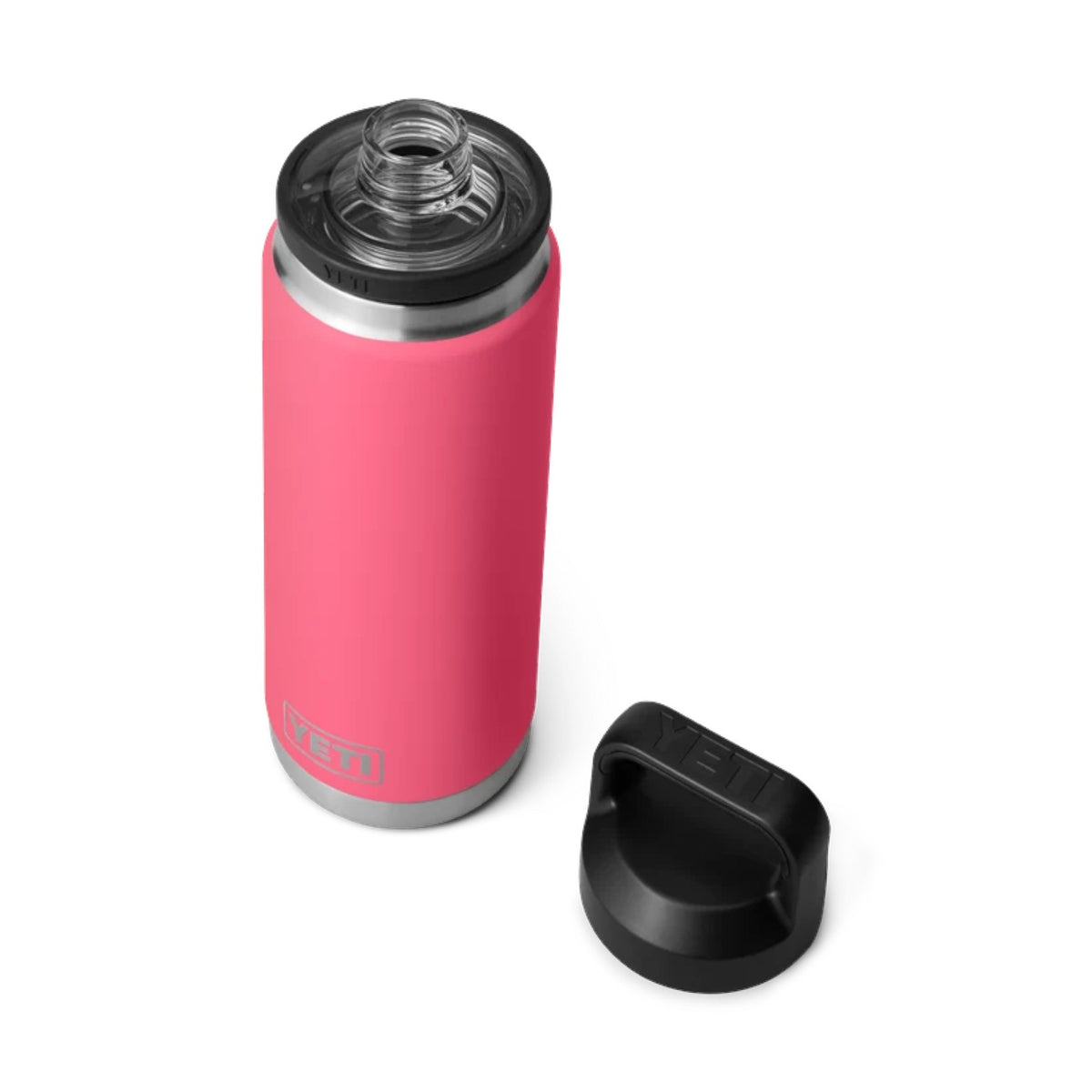Pink water bottle with black cap on a white background