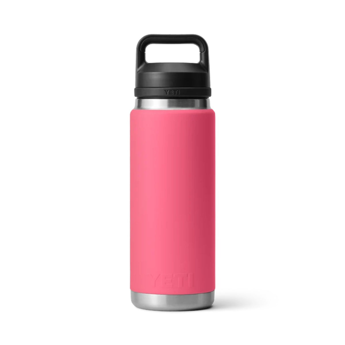 Pink YETI water bottle with black lid on a white background